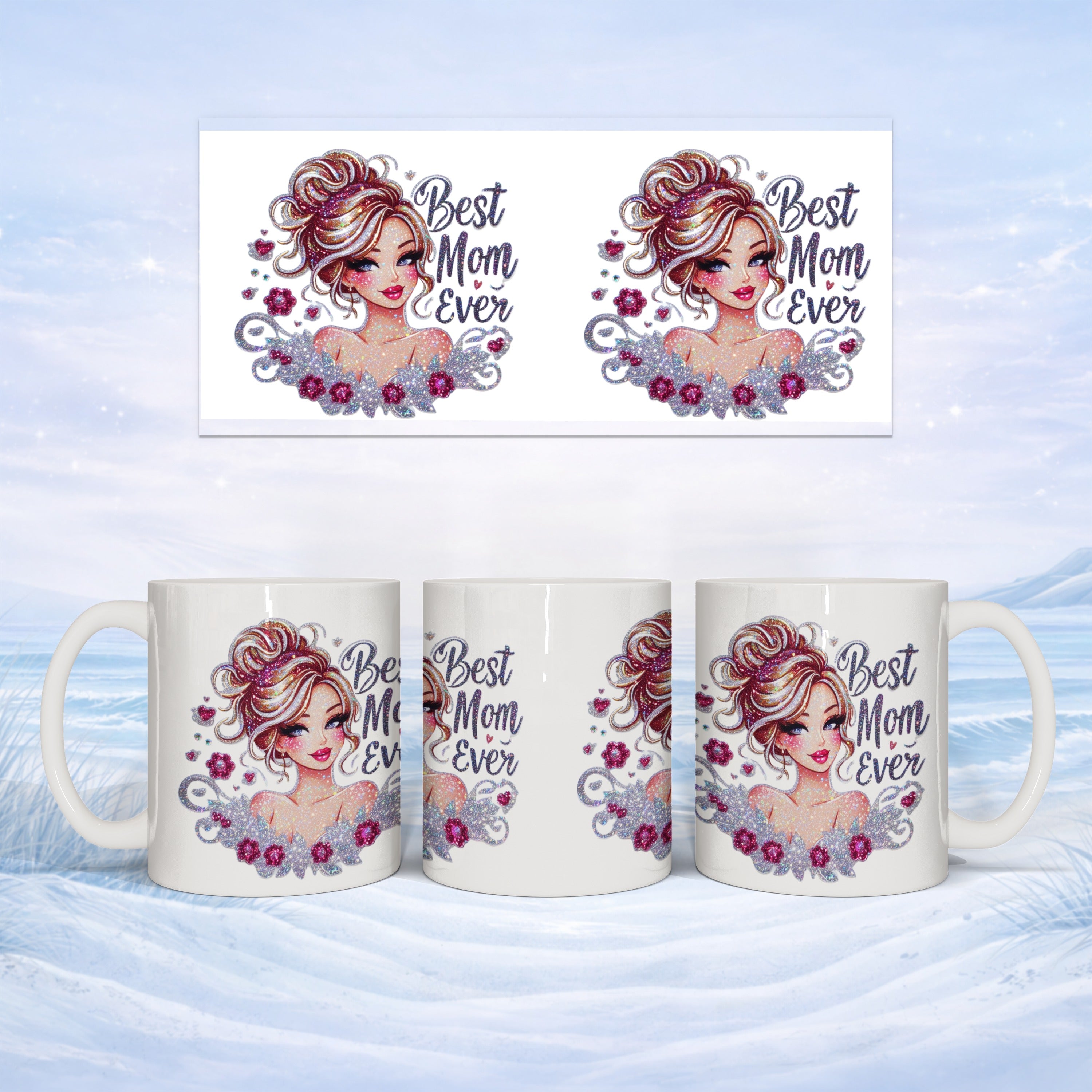 Mug with "Best Mom Ever" text and woman illustration on snowy background.