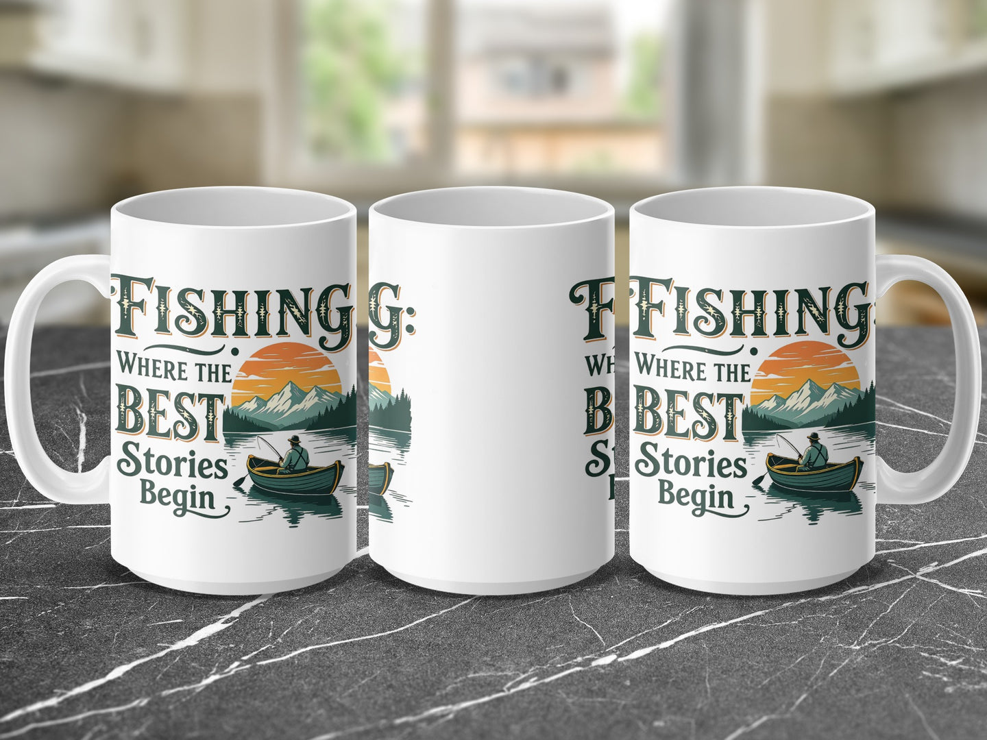 Three mugs featuring a "FISHING: WHERE THE BEST STORIES BEGIN" design with a boat and sunset.