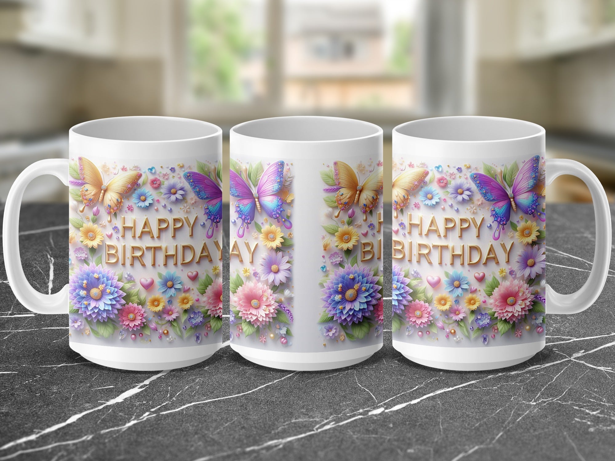 Three white mugs with "Happy Birthday" and floral butterfly designs.