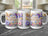 Three white mugs with "Happy Birthday" and floral butterfly designs.