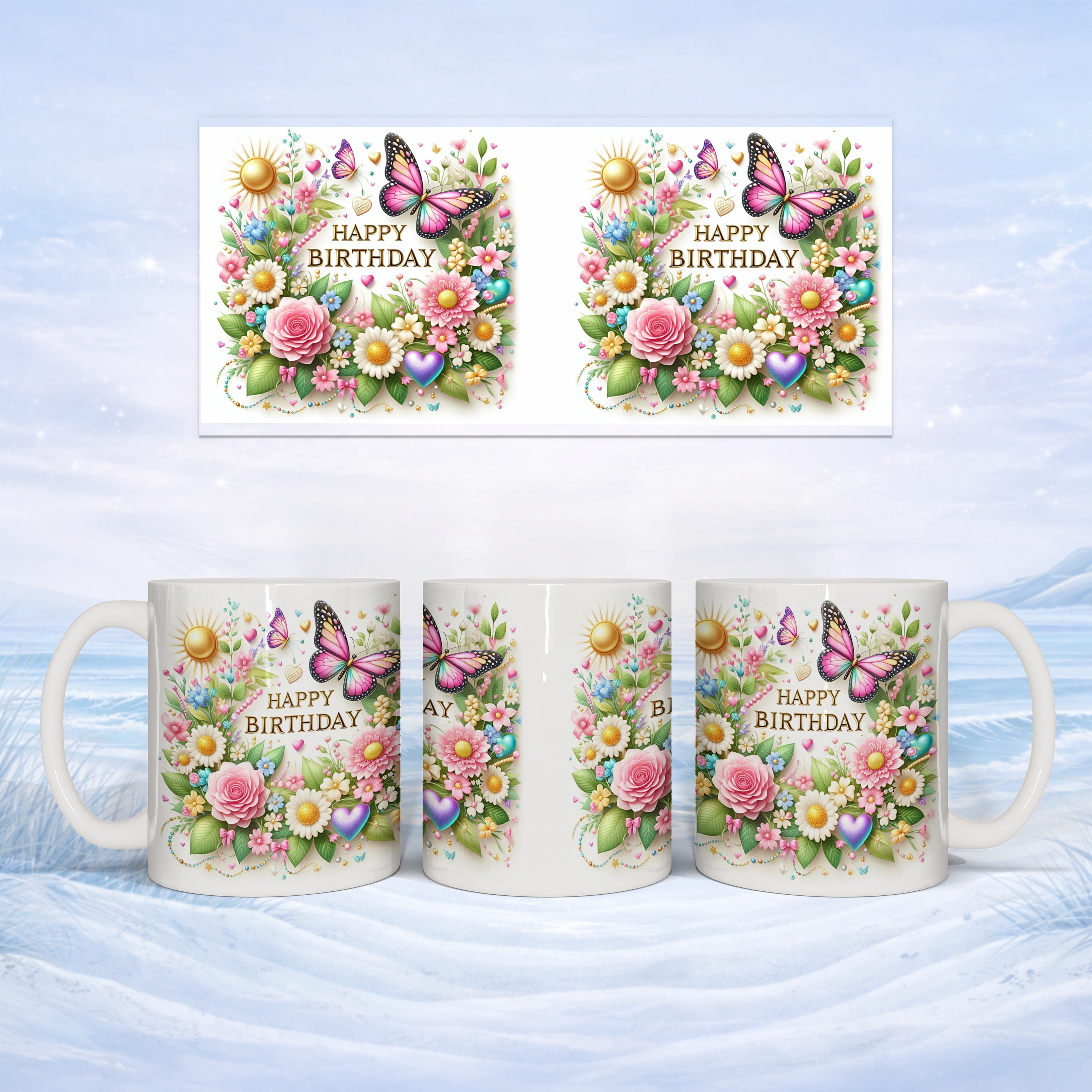 Mug with floral and butterfly "Happy Birthday" design.
