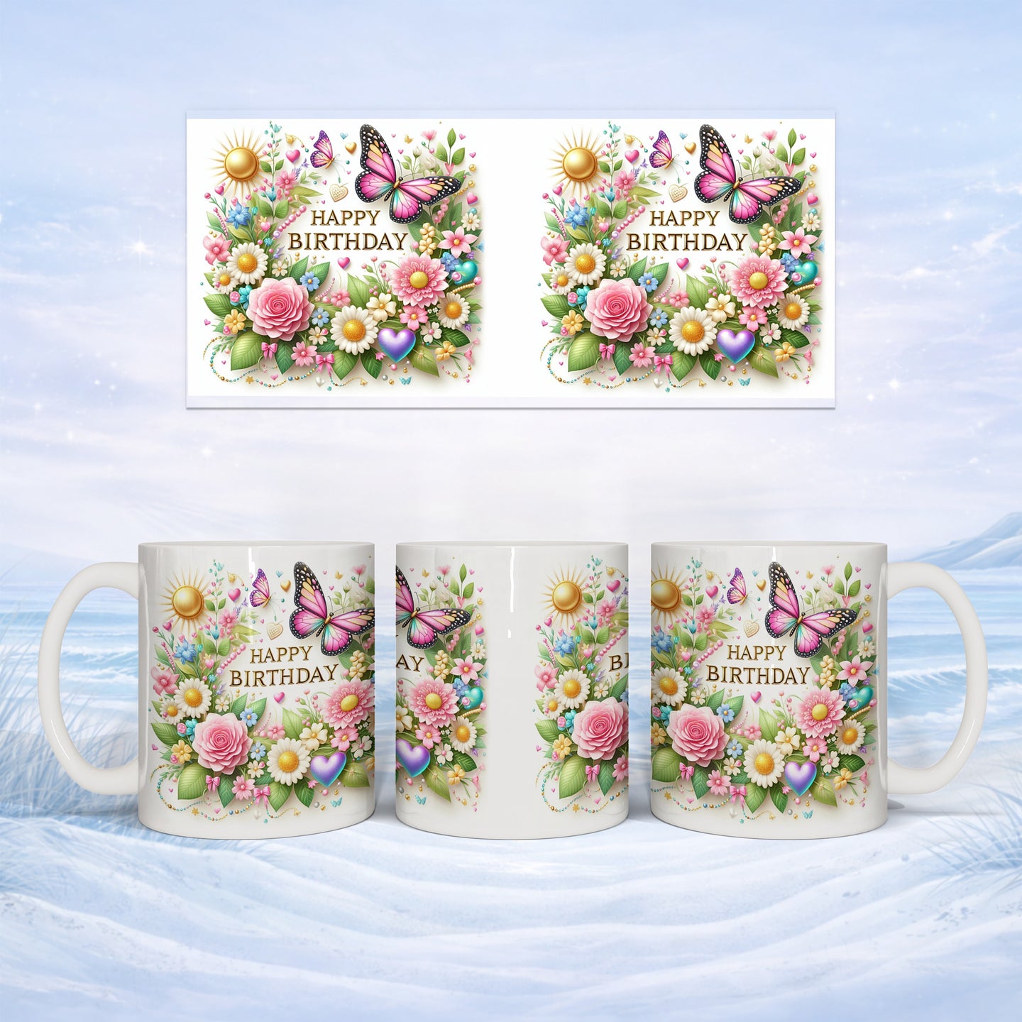Mug with floral and butterfly "Happy Birthday" design.
