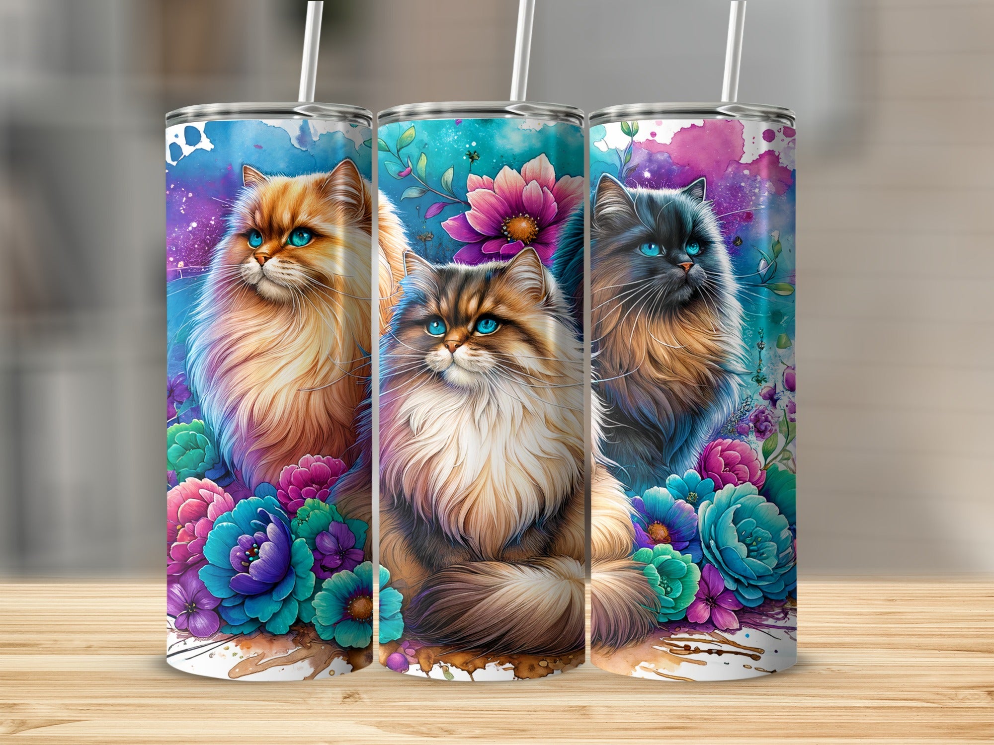 Three tall tumblers featuring realistic painted cats and colorful floral accents.