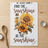 White tea towel with sunflowers and the text "FIND THE sunshine BE THE sunshine".