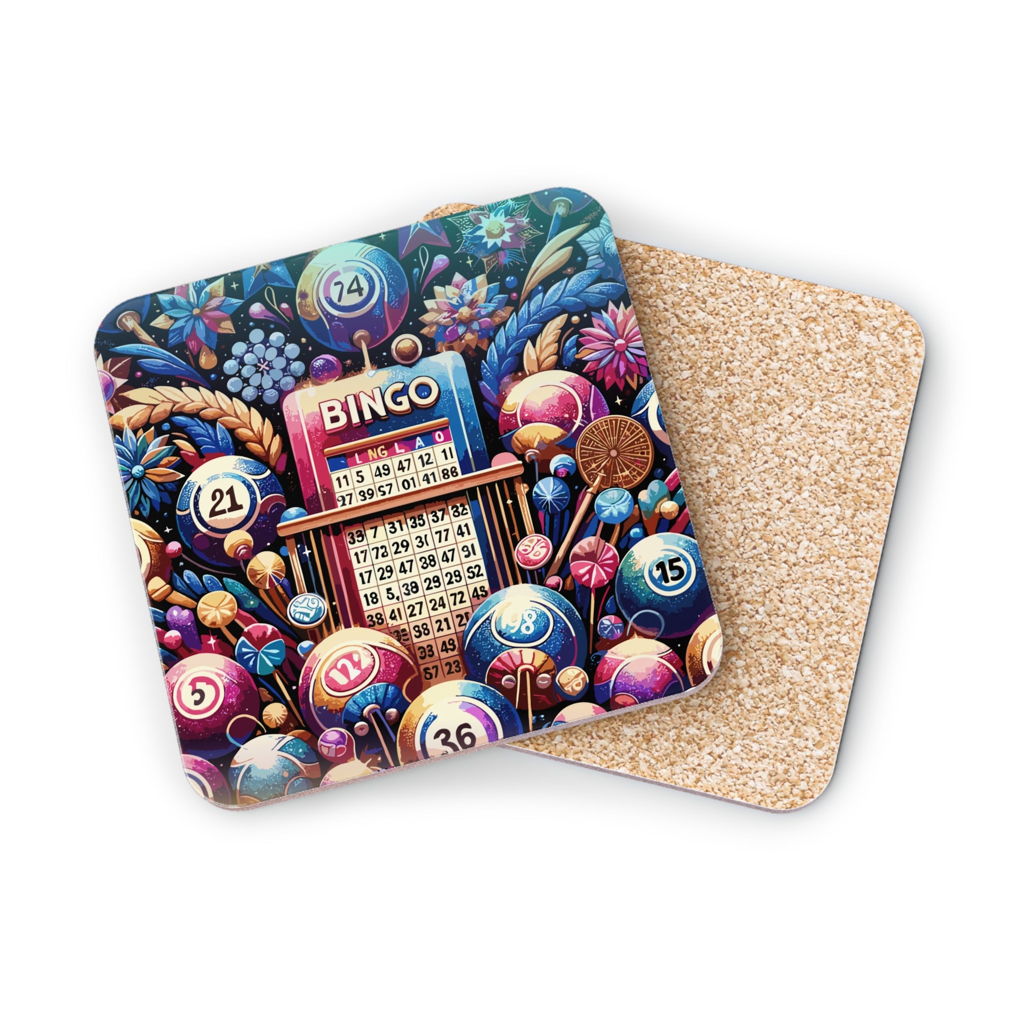 Bingo card and colorful abstract floral background, with numbered balls.