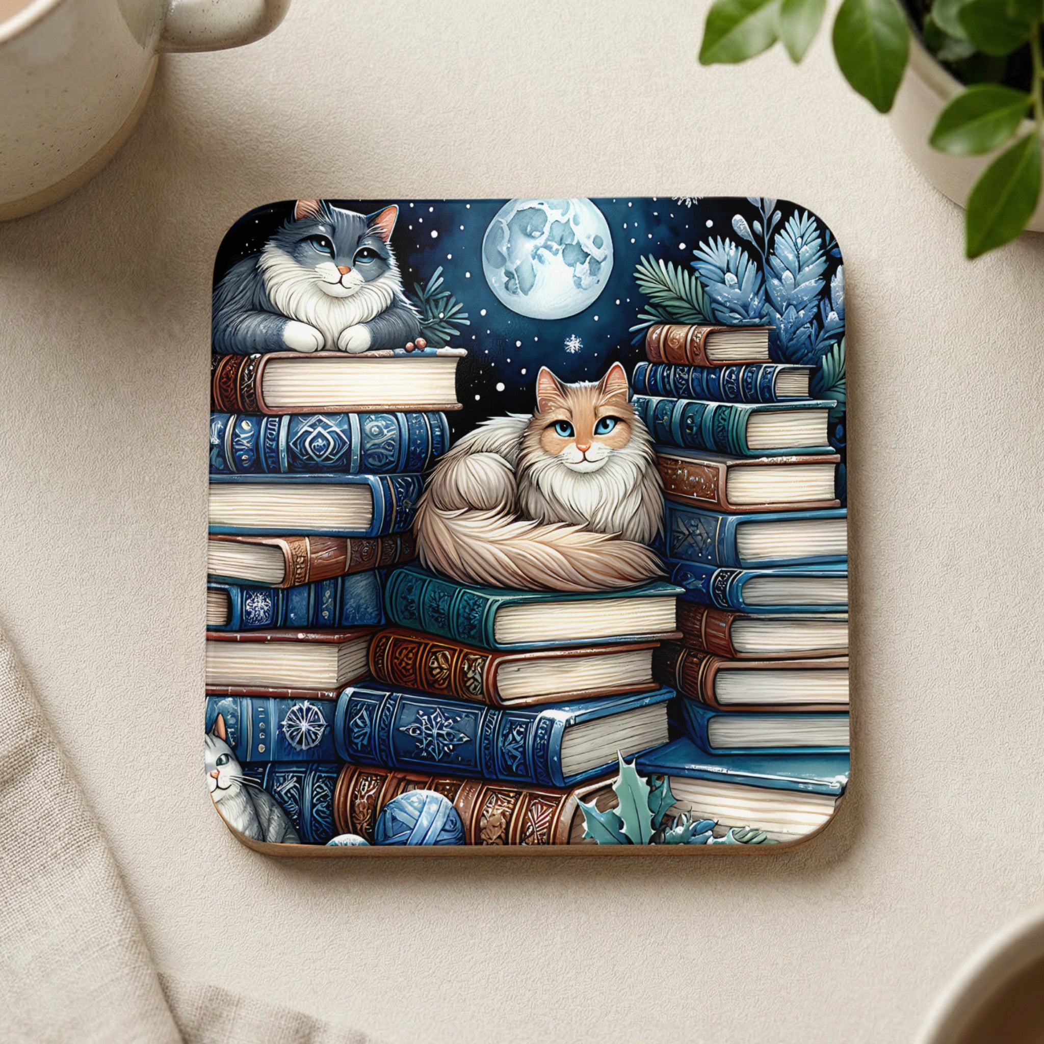 Two cats rest on a stack of books under a full moon.