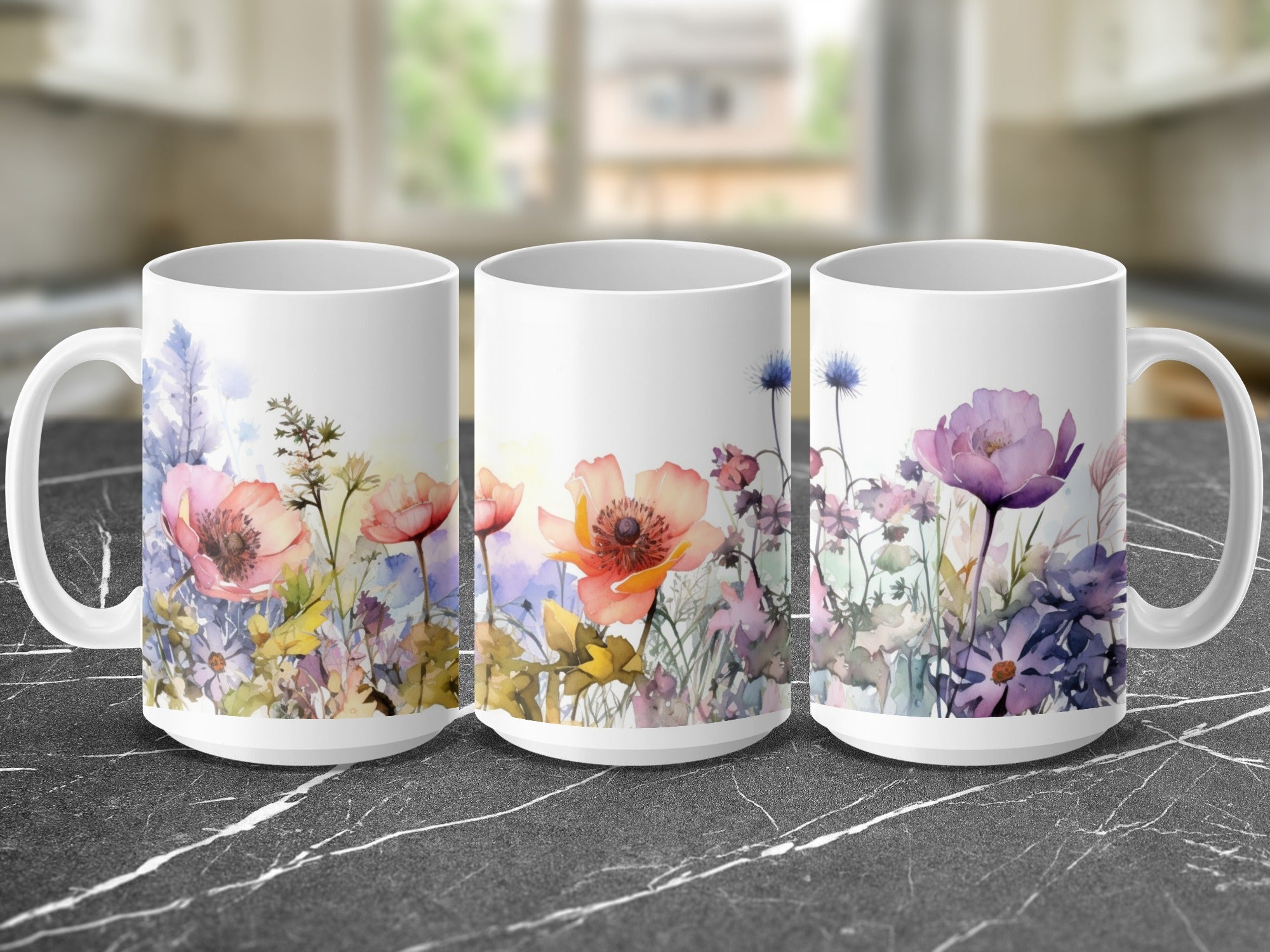 Three white mugs with watercolor floral designs, displayed on a marble surface.