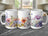 Three white mugs with watercolor floral designs, displayed on a marble surface.