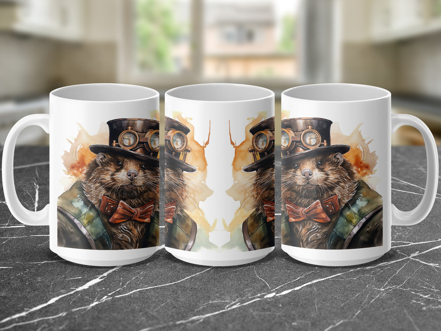 Mug featuring a watercolor illustration of a steampunk hamster wearing a hat and goggles.