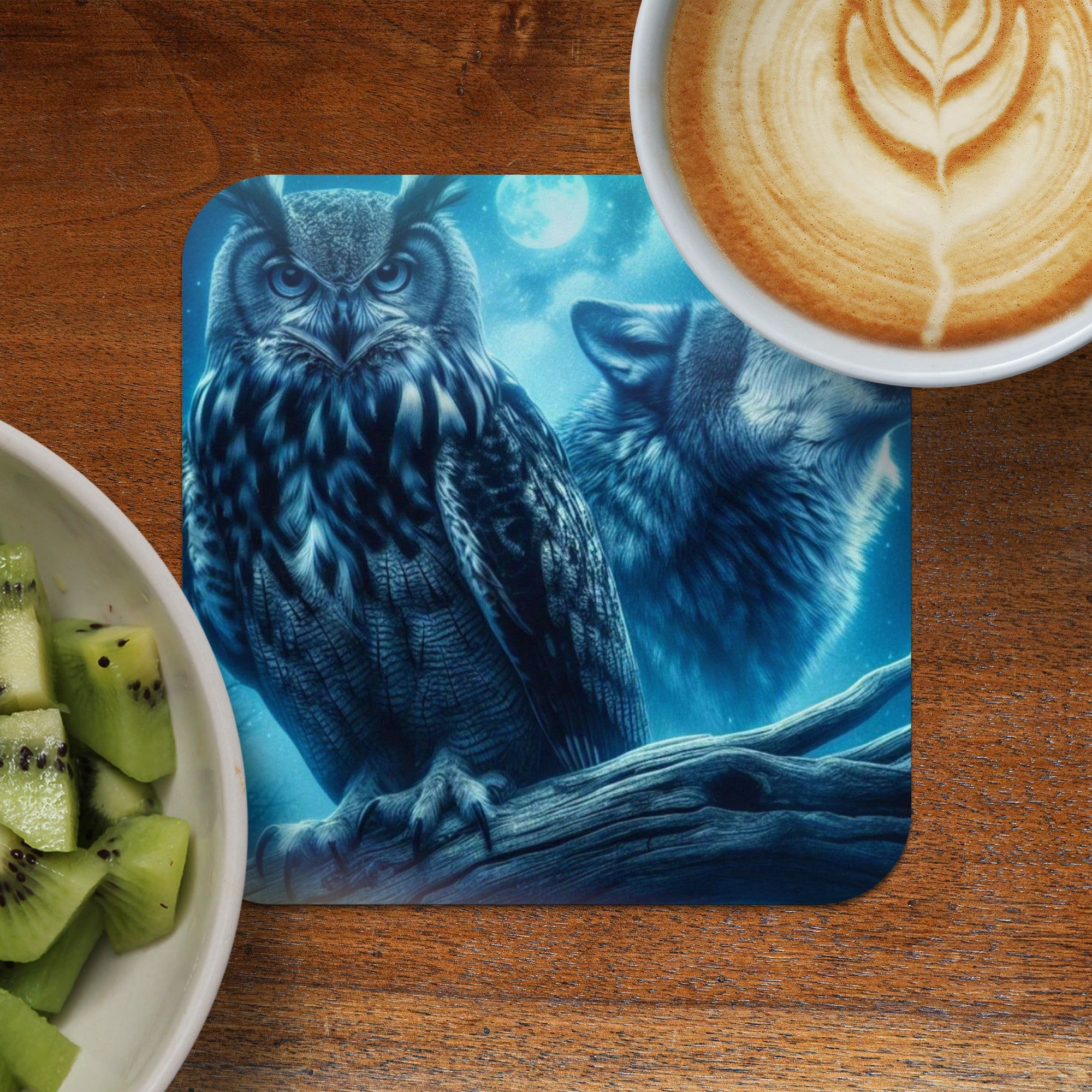 Detailed coaster featuring an owl and wolf under a moonlit sky.