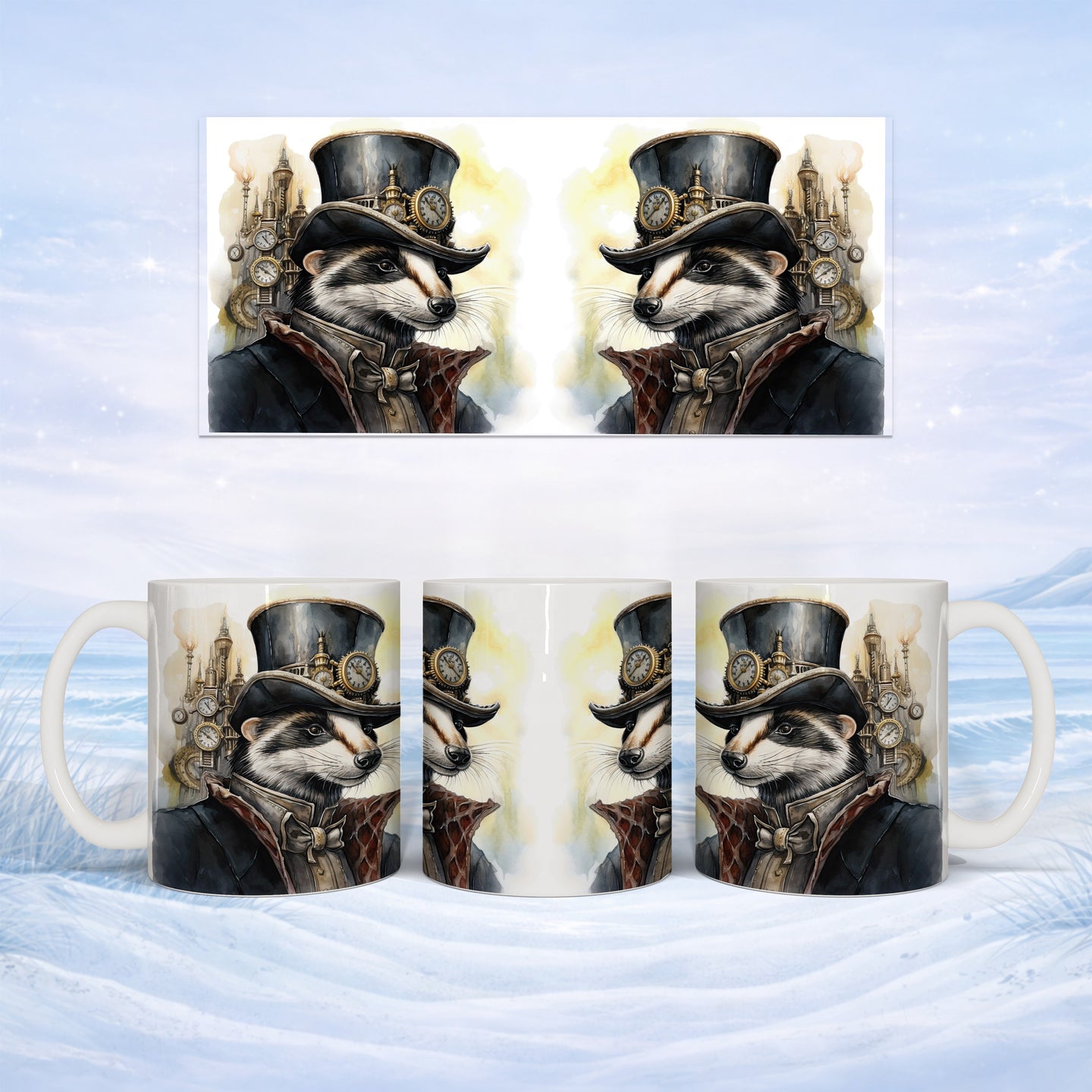 Steampunk raccoon wearing a top hat and waistcoat on a mug.
