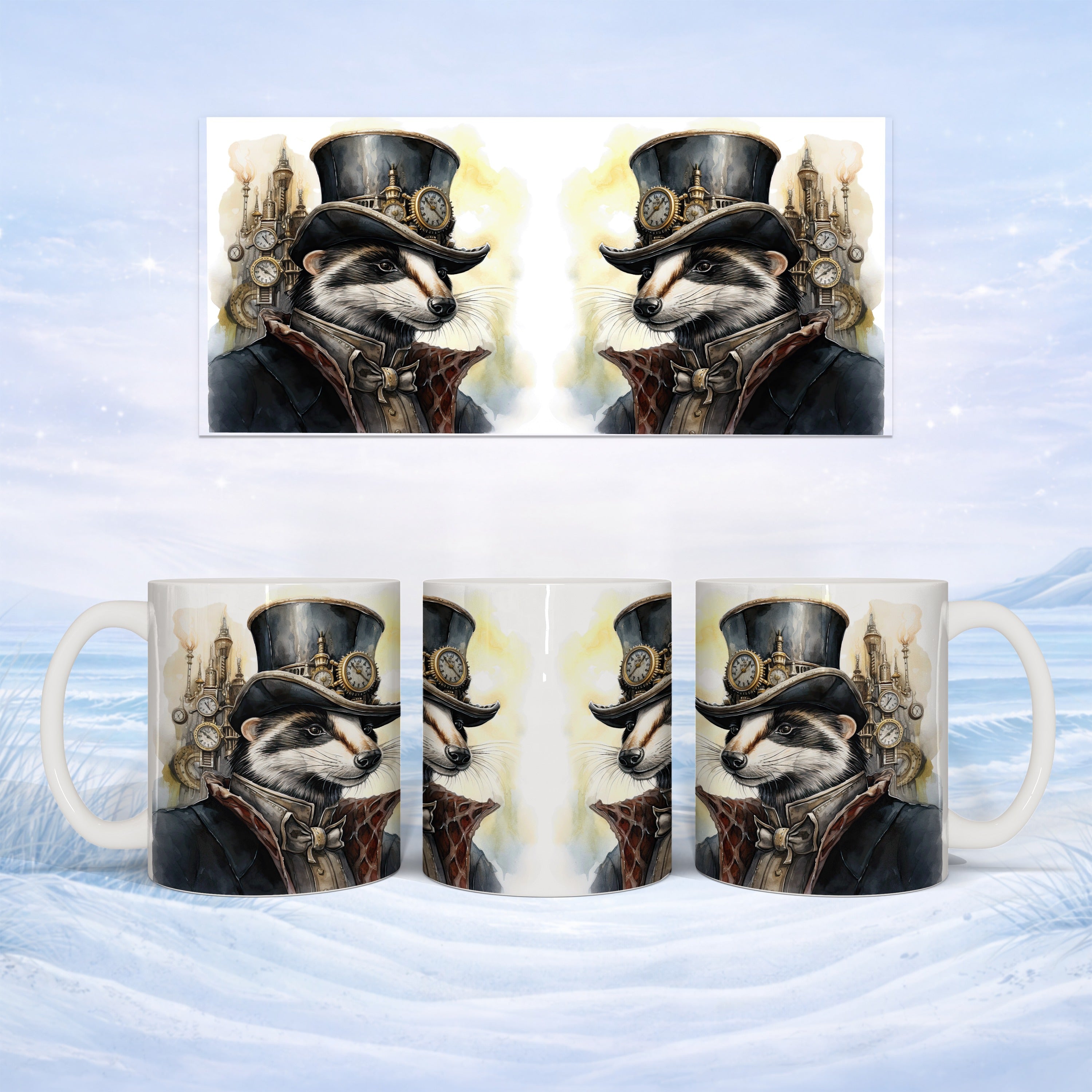 Steampunk raccoon wearing a top hat and waistcoat on a mug.