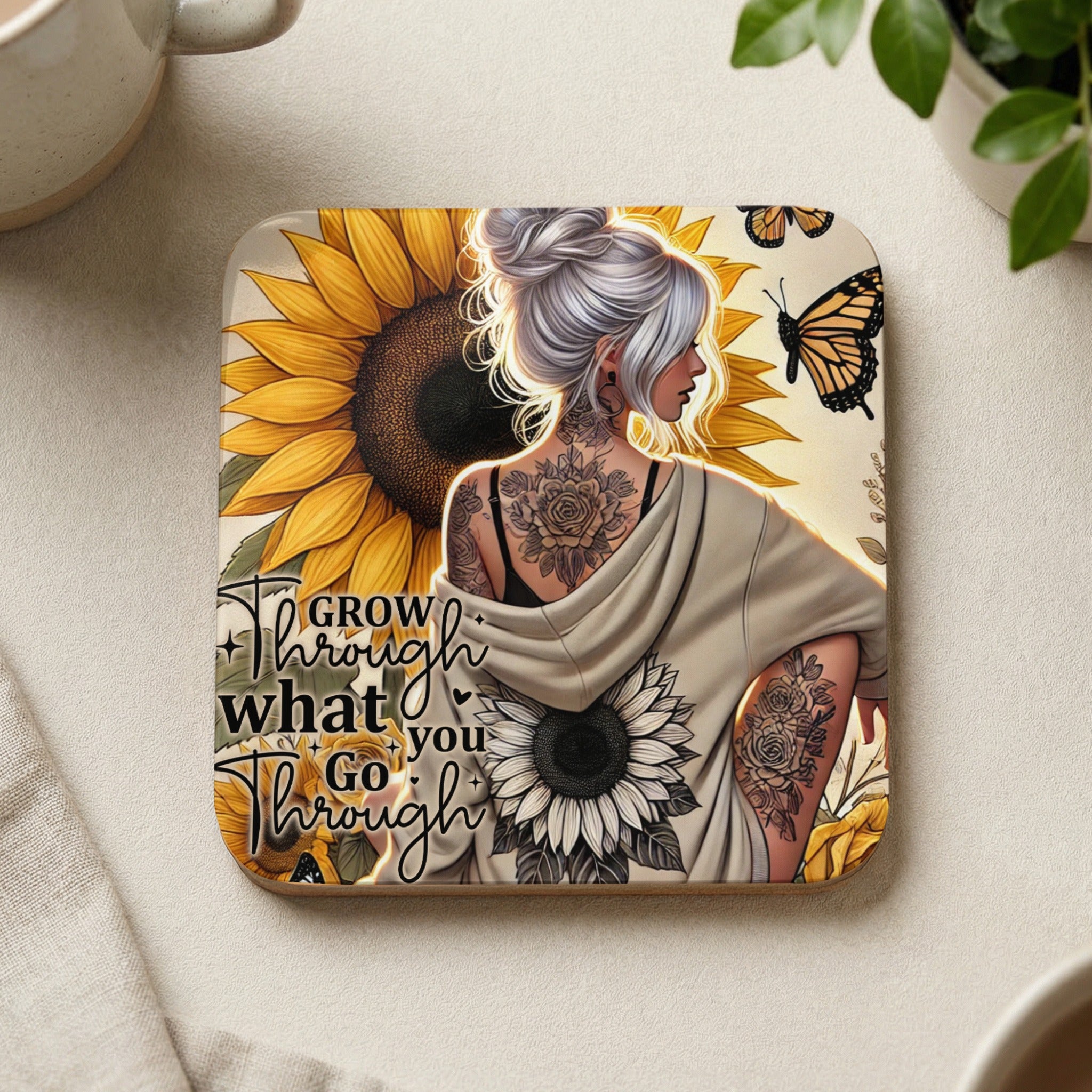 Woman with tattooed back and sunflowers, with quote "Grow Through What You Go Through".
