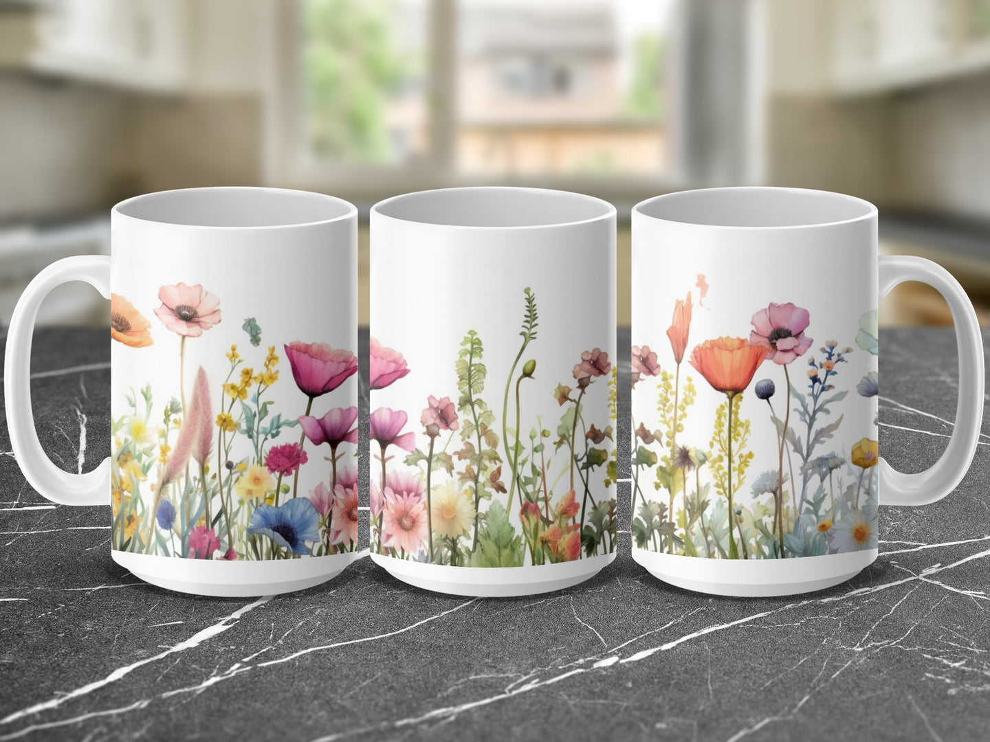 Three white mugs with a floral watercolor design wrap around them.
