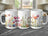 Three white mugs with a floral watercolor design wrap around them.