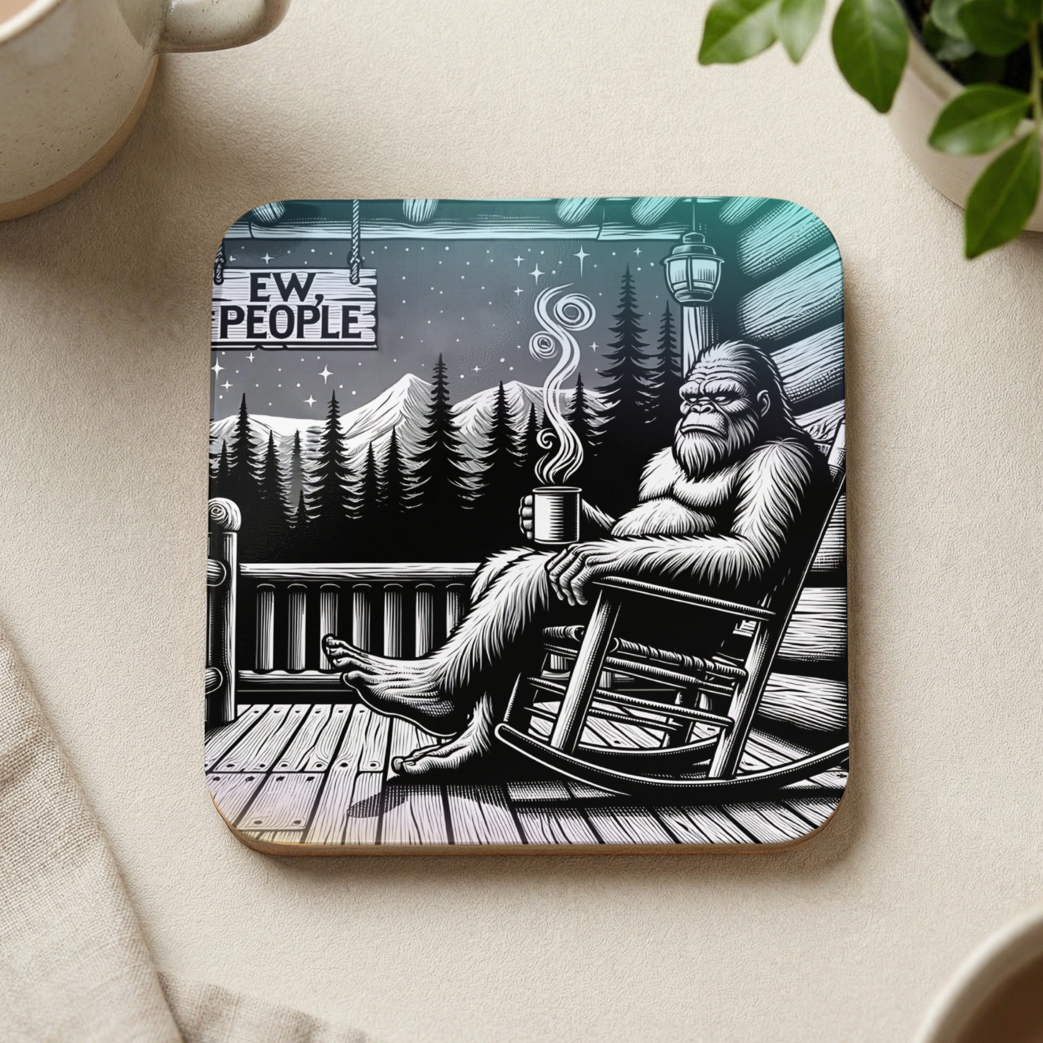 Bigfoot in rocking chair on porch, holding coffee, "Ew, People" sign.
