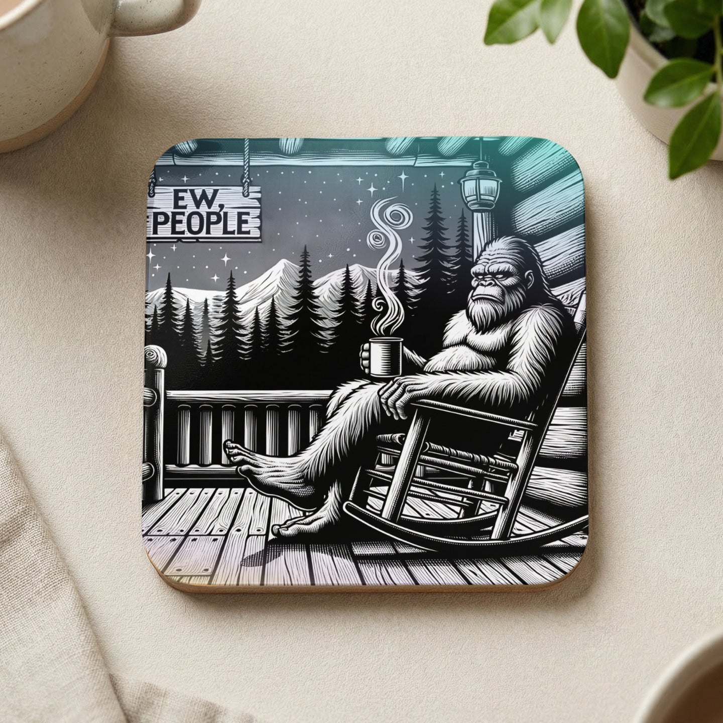 Bigfoot in rocking chair on porch, holding coffee, "Ew, People" sign.