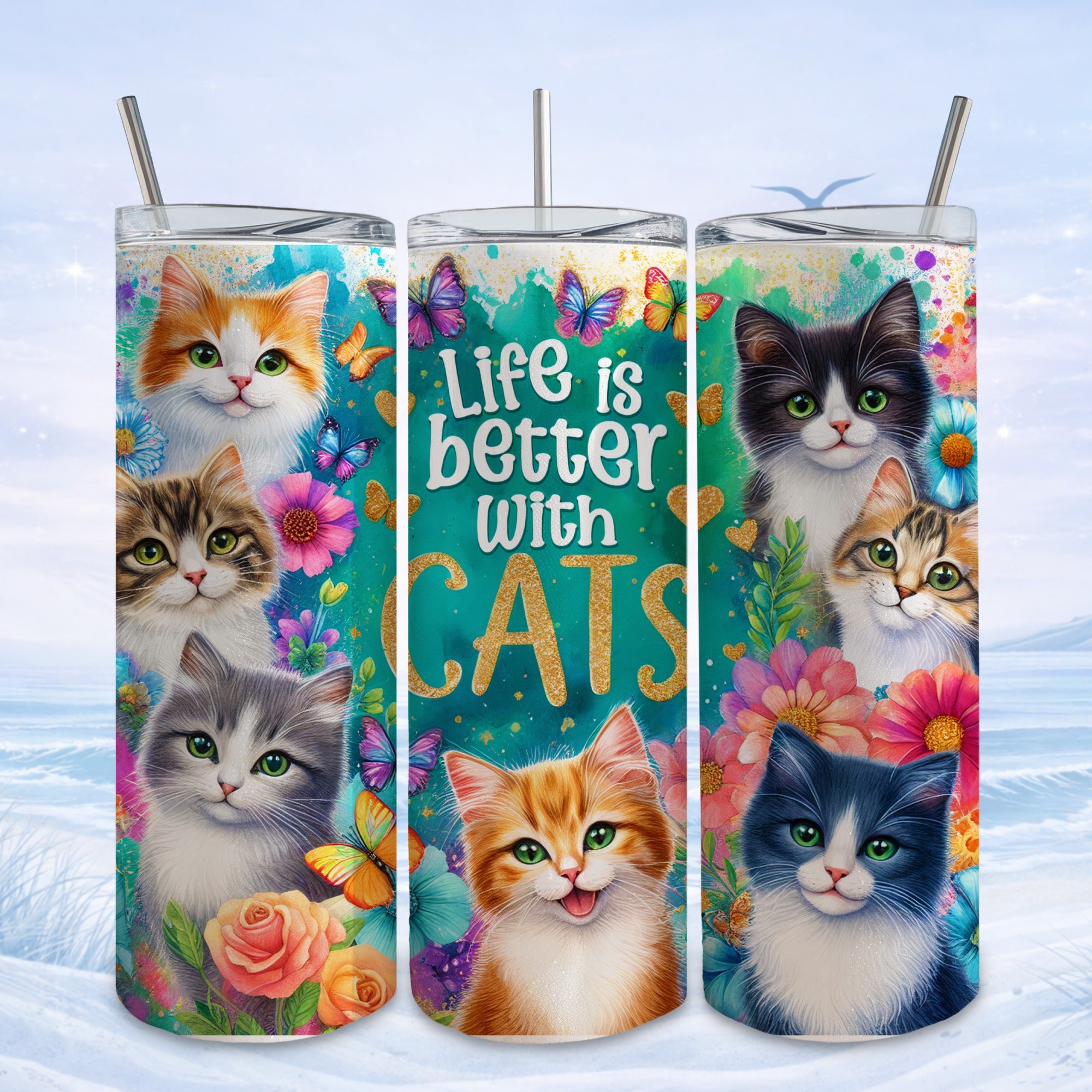 Tumbler with colorful cats, butterflies, and "Life is better with cats" text.