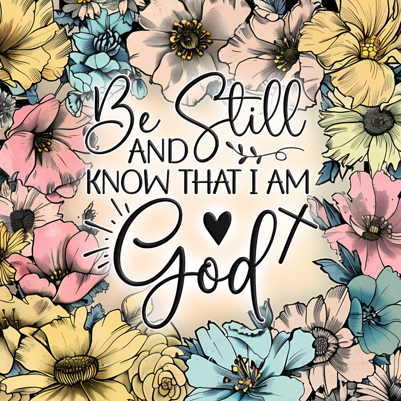 Floral frame surrounds text "Be Still and Know That I Am God" with a heart.