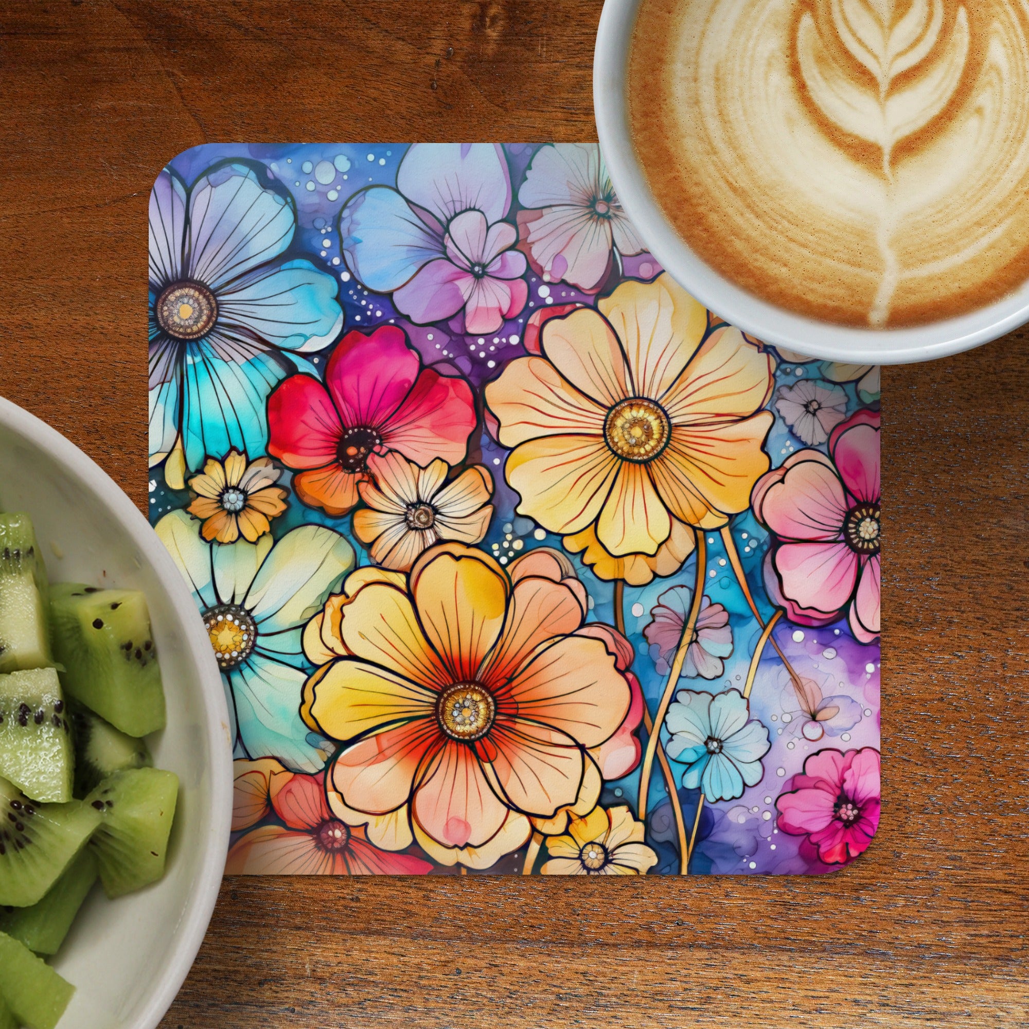 Colorful watercolor floral coaster next to kiwi and coffee.