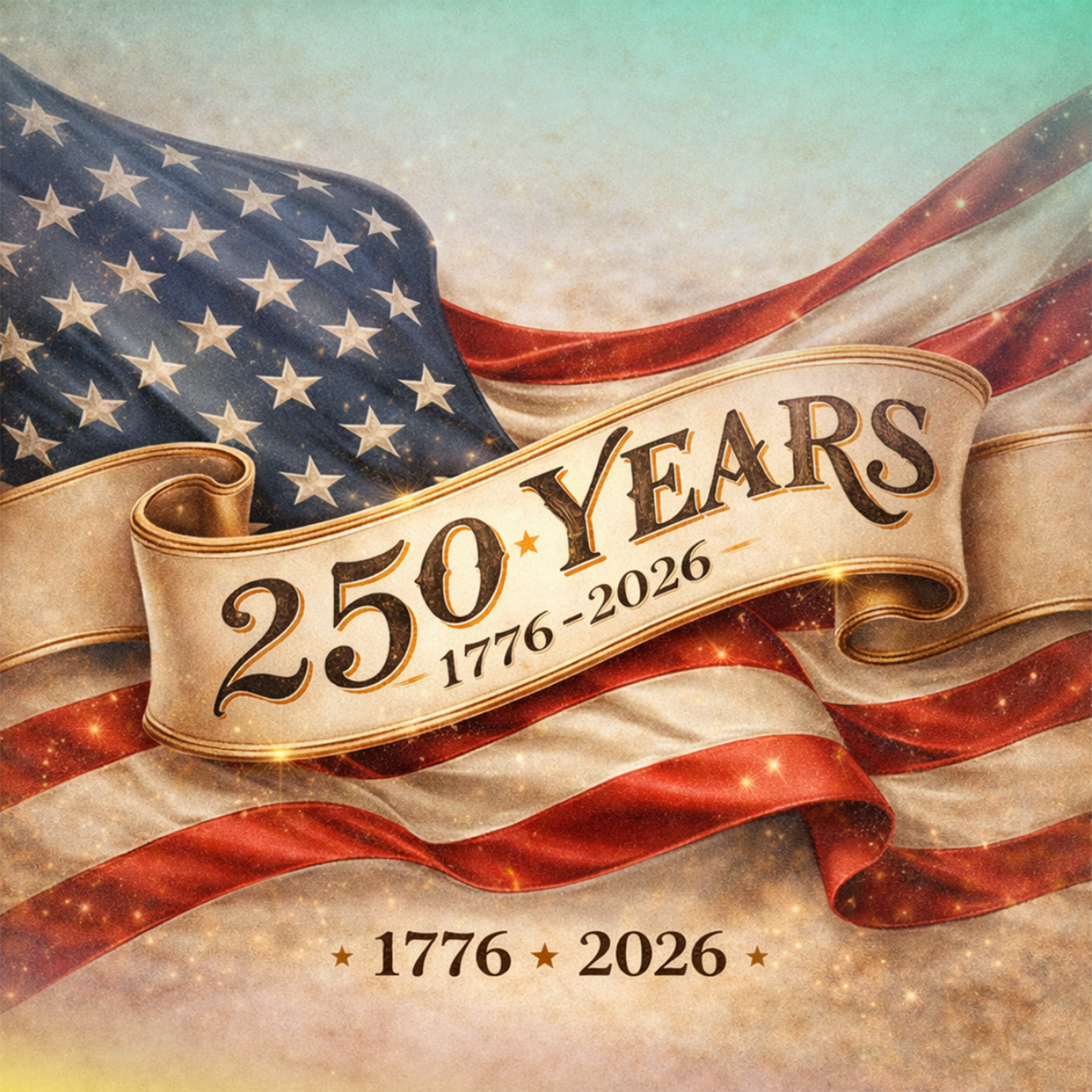 American flag with "250 YEARS 1776-2026" banner and stars.