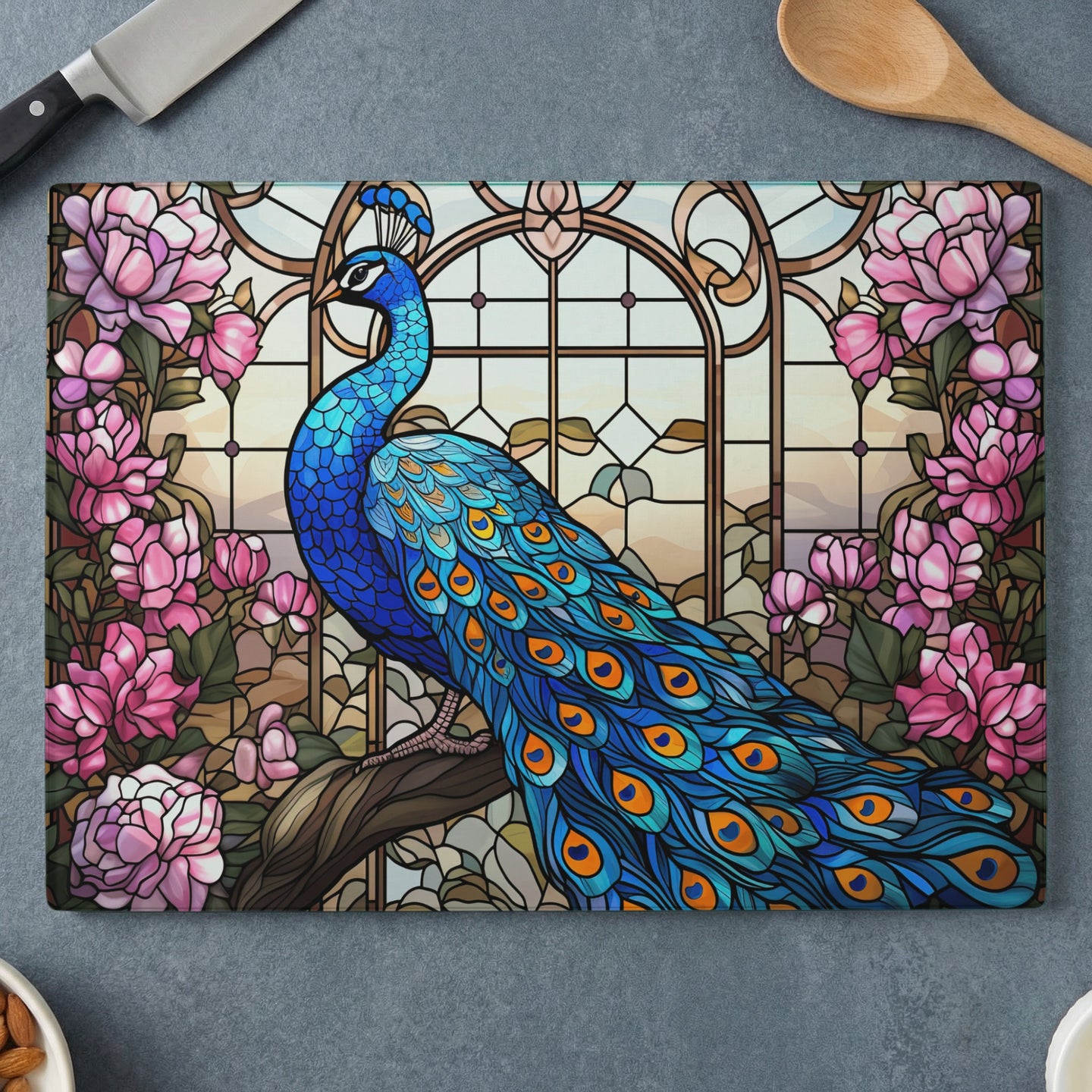 Stained glass cutting board with peacock and floral border.