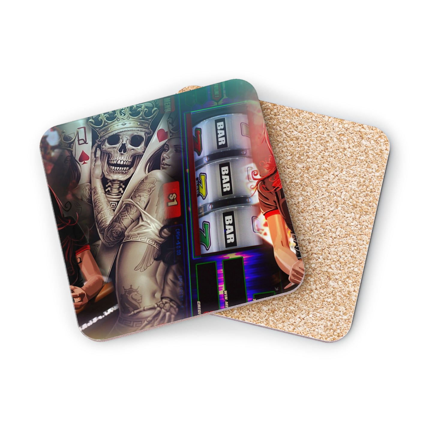 Casino-themed coasters with skulls, queens, and slot machine imagery.