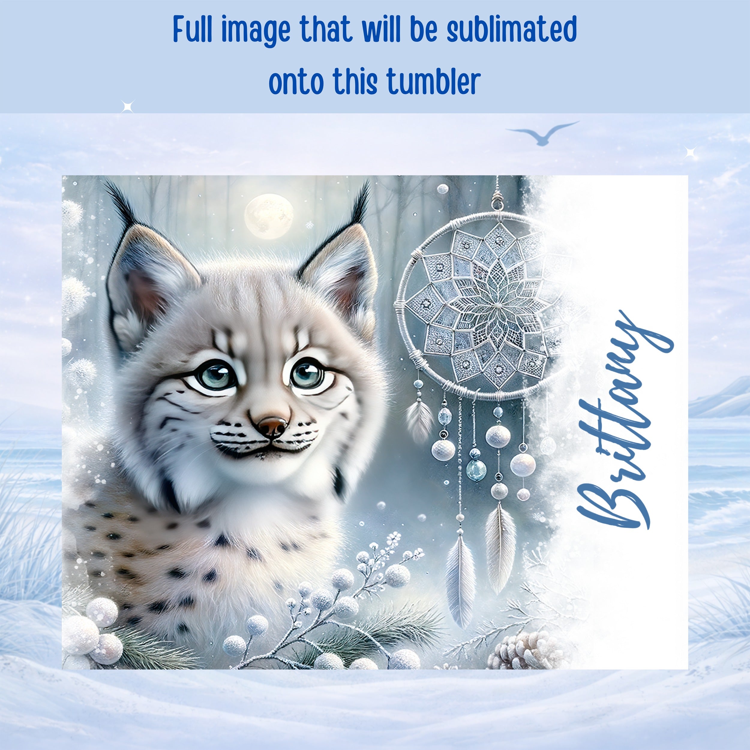 Young lynx cub with dreamcatcher and name "Brittany" on snowy background.