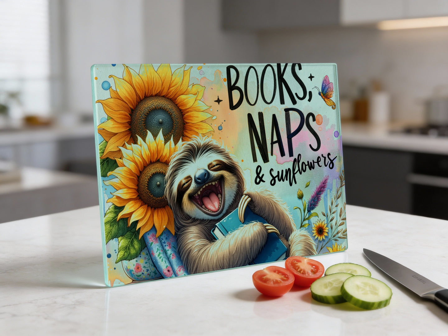 Sloth holding a book, surrounded by sunflowers and text: "BOOKS, NAPS & SUNFLOWERS".