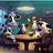 Cows playing poker around a table with a candle and french fries.