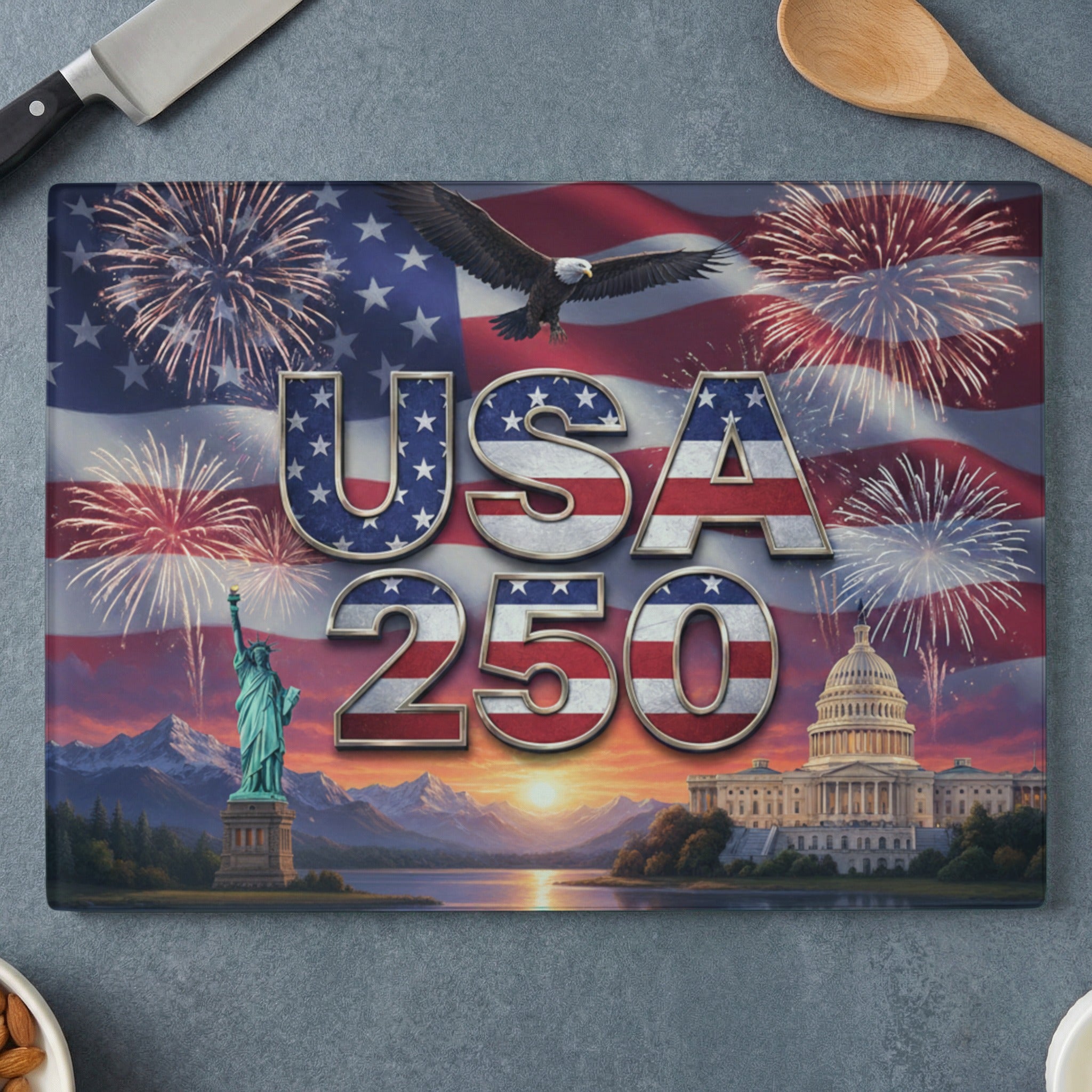 USA 250 text over American flag with fireworks, eagle, Capitol, and Statue of Liberty.