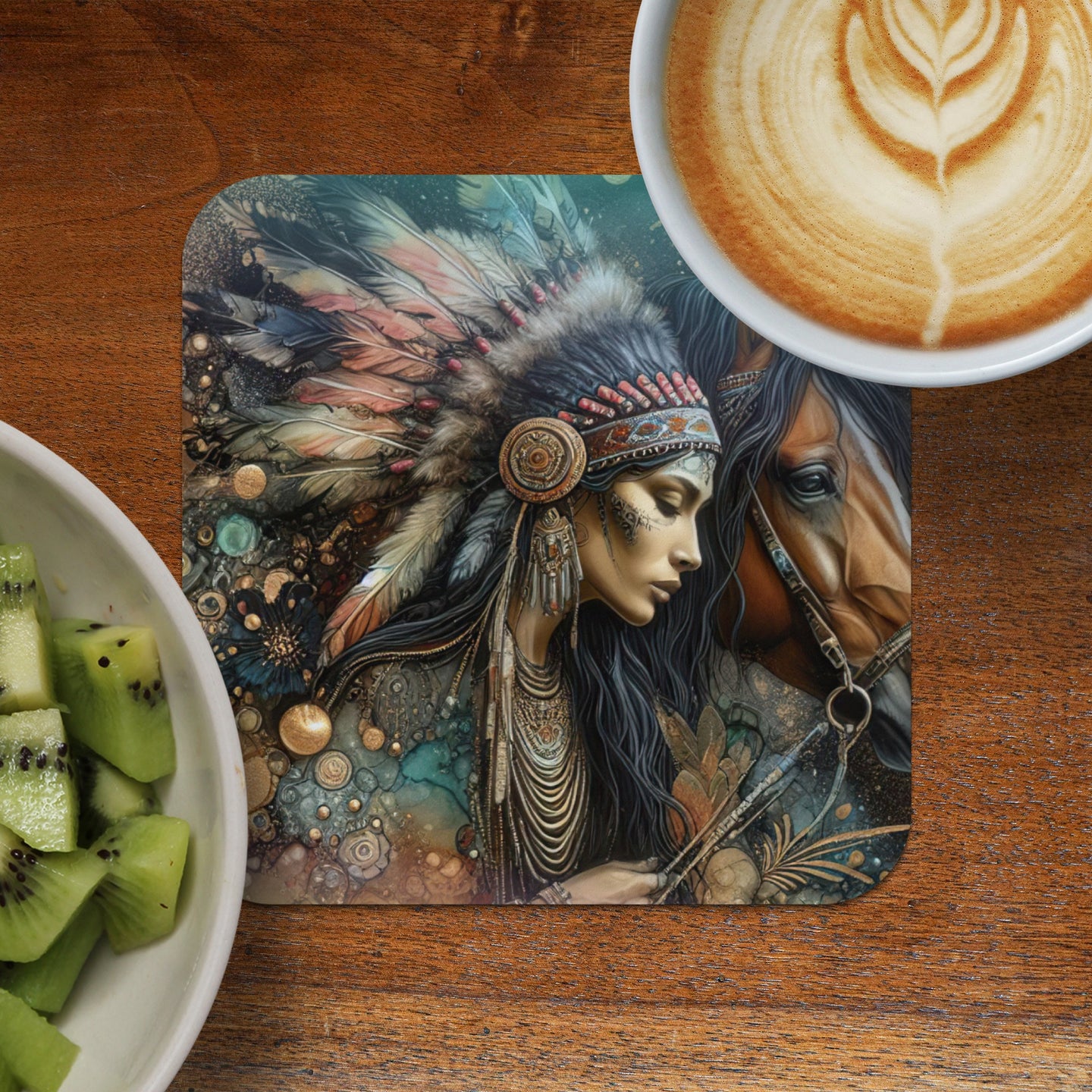 Woman in Native American headdress with horse and coffee.