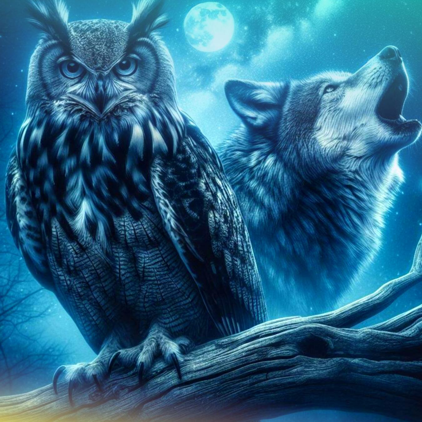 Owl on branch with wolf howling under full moon.