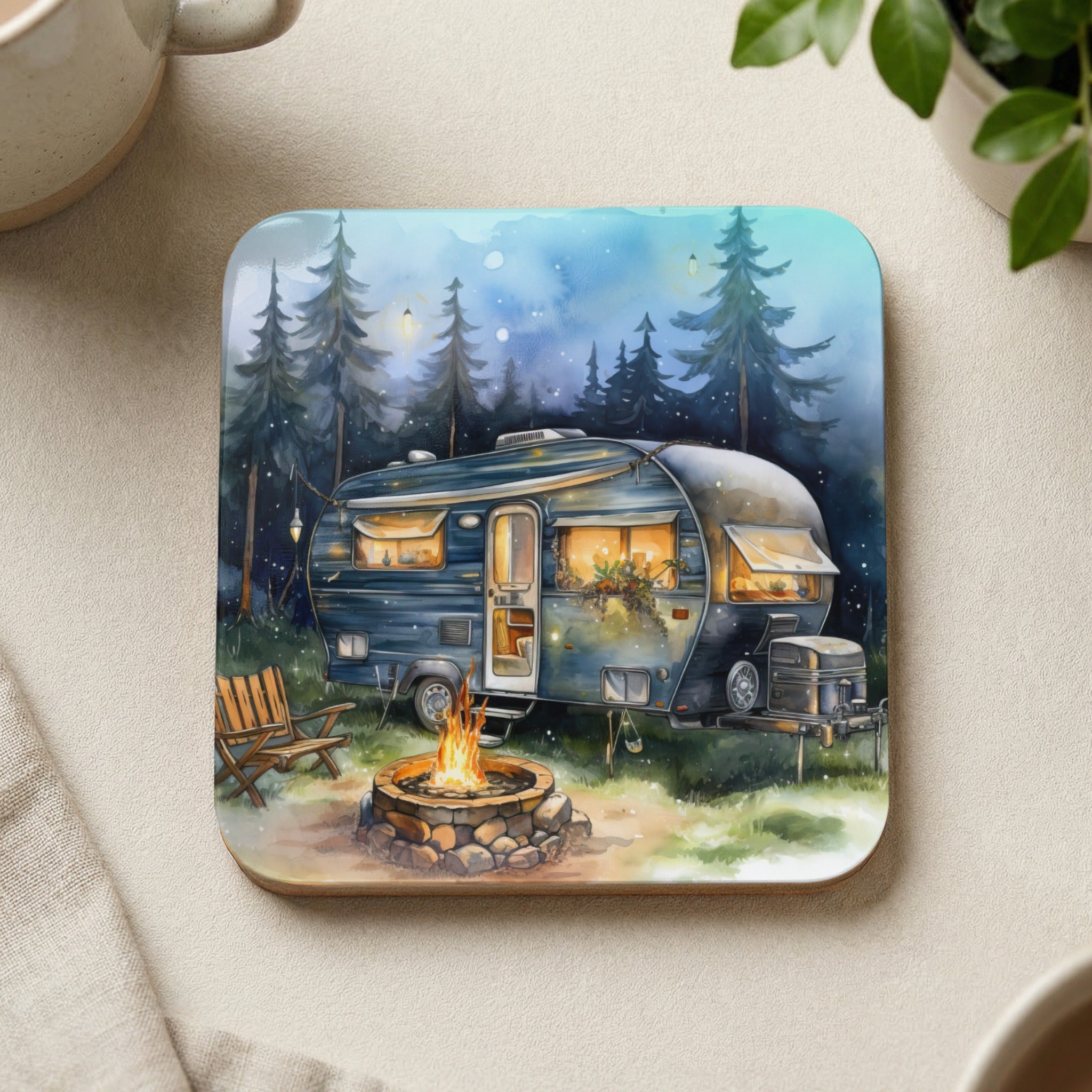 Retro camper trailer with campfire and chairs in a forest setting.