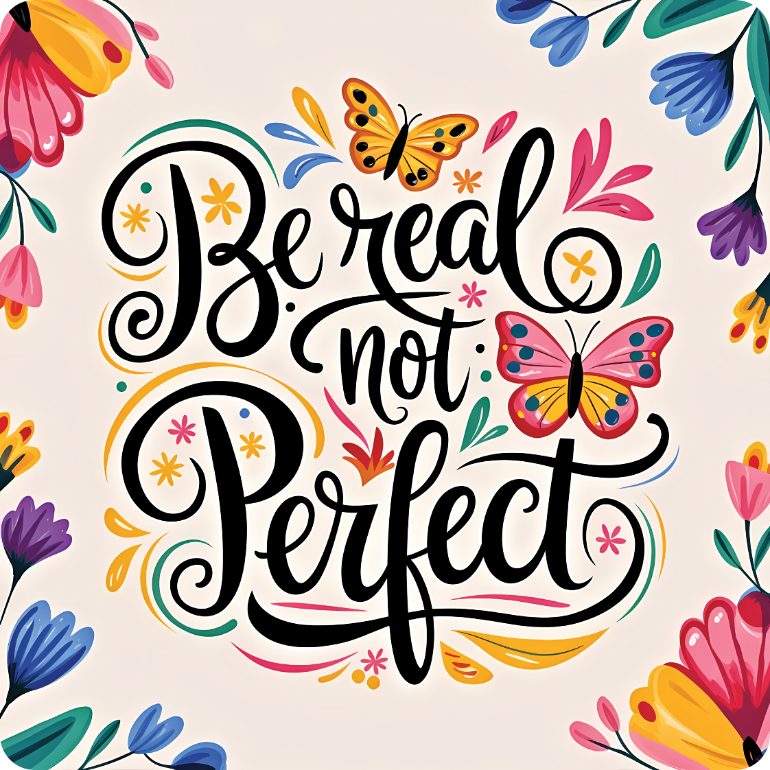 Be real not perfect text with butterflies and floral borders.