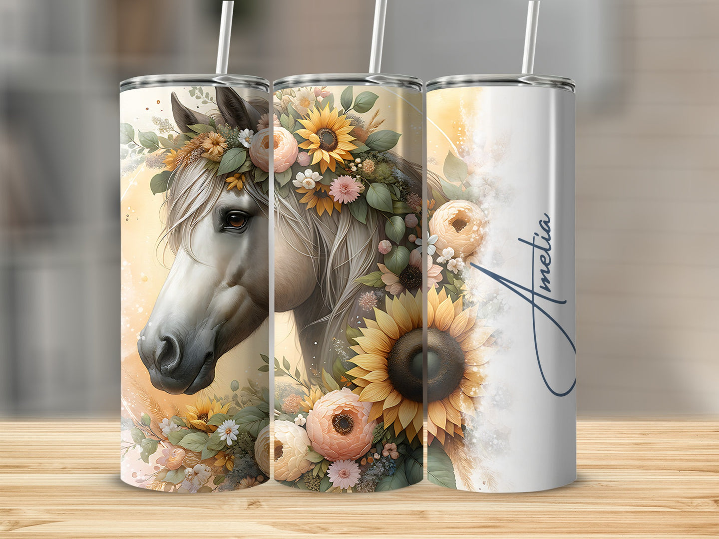 Horse with floral crown and sunflowers on a tumbler, with name Amelia.