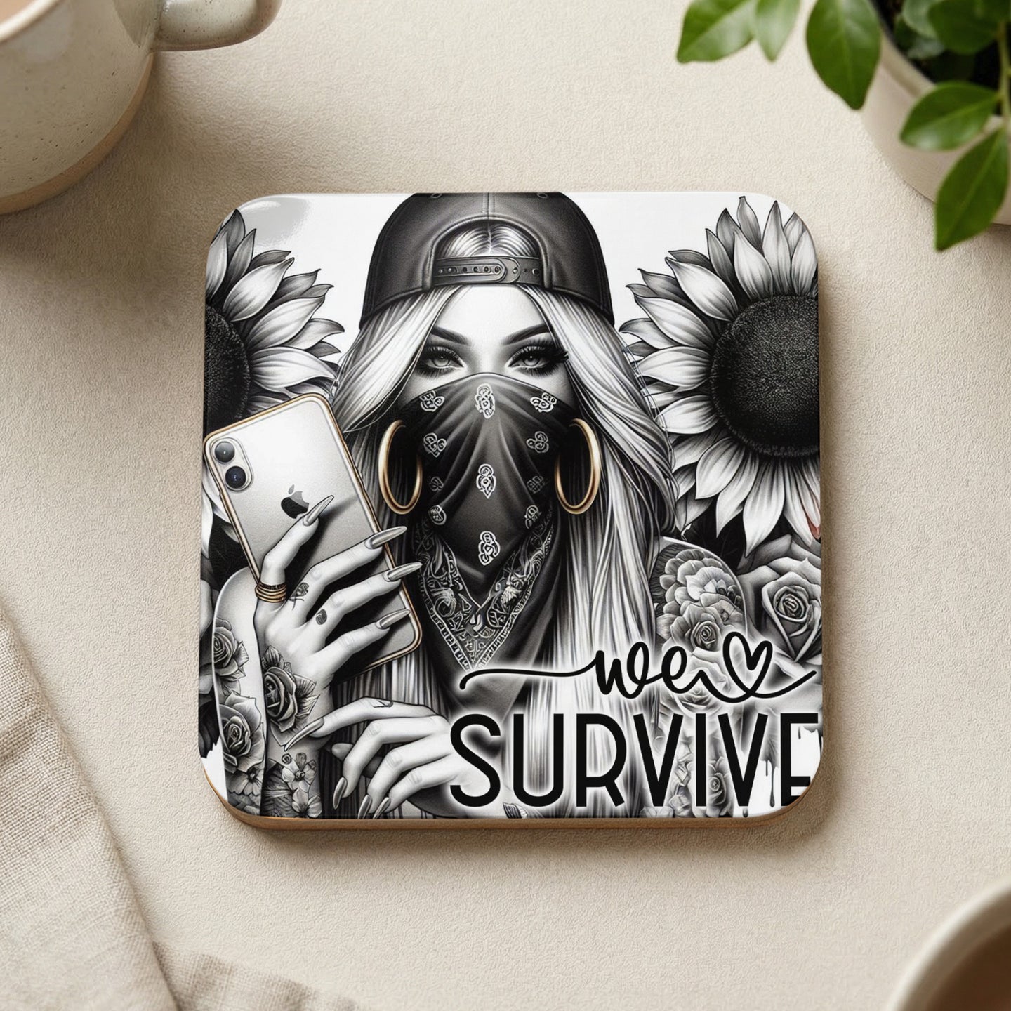 Woman in bandana and baseball cap holding phone with sunflowers and roses, "WE SURVIVE" text.