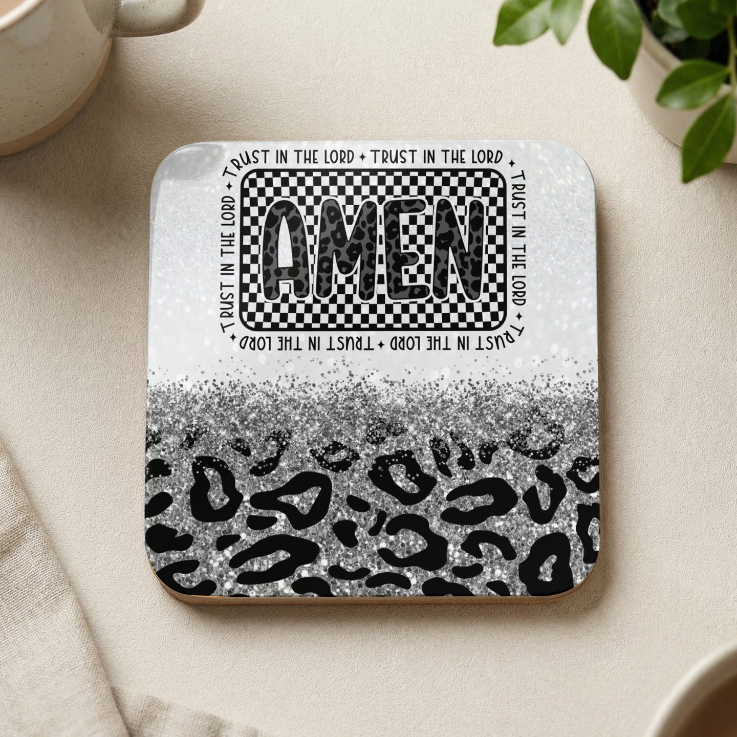 Coaster with "AMEN" and "TRUST IN THE LORD" text, leopard print and glitter design.