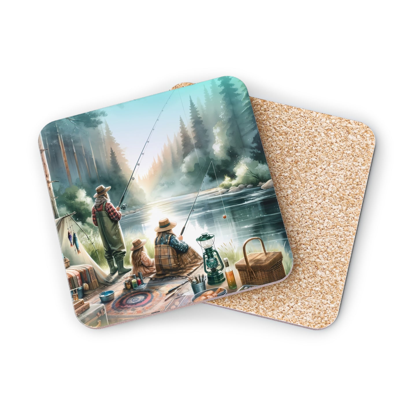 Two people fishing from a dock with a tent and lantern in a forest setting.