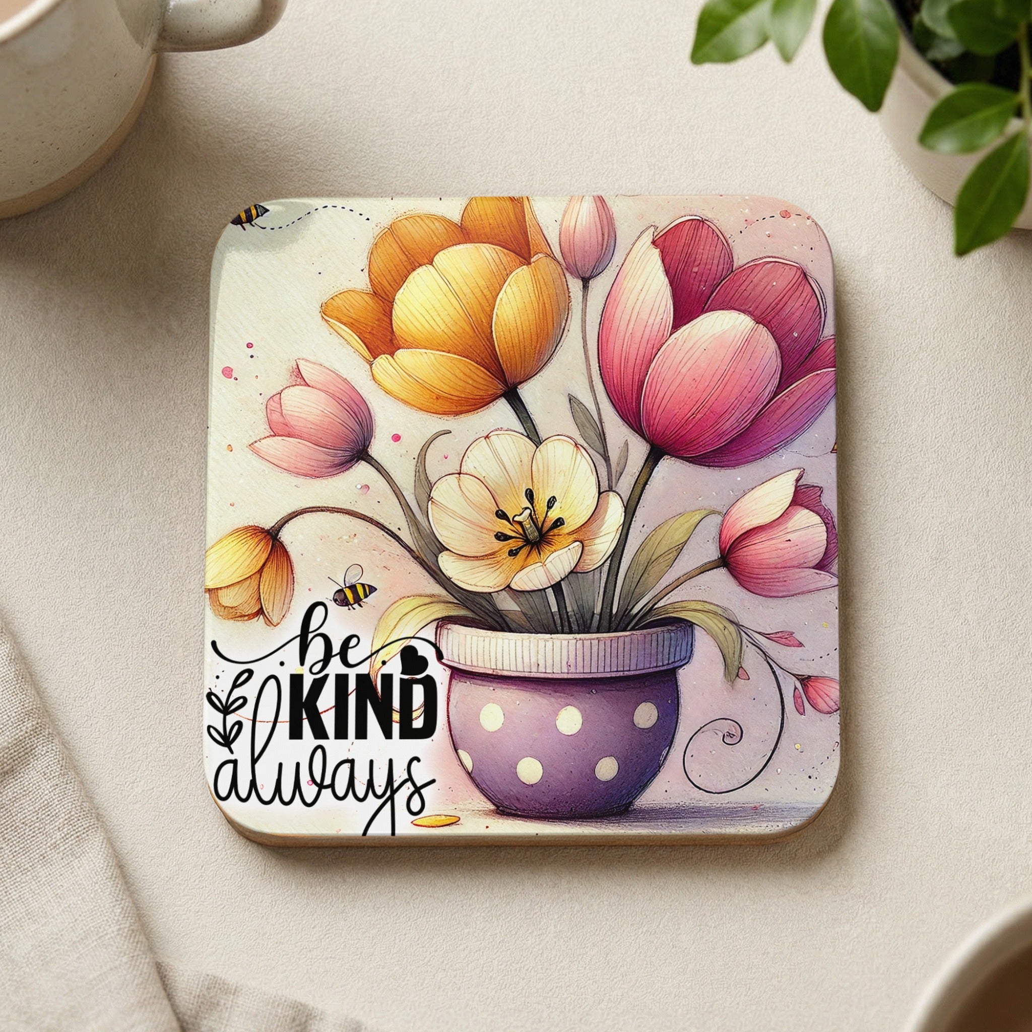 Floral coaster with tulips, a purple polka dot pot, and "be kind always" text.