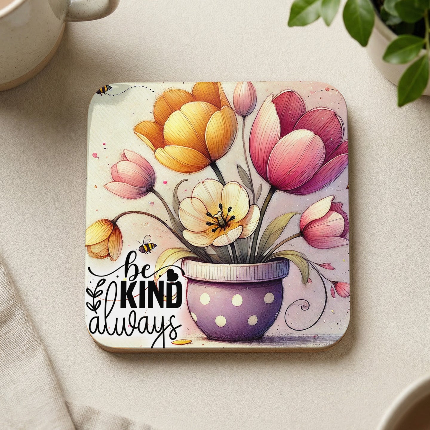 Floral coaster with tulips, a purple polka dot pot, and "be kind always" text.