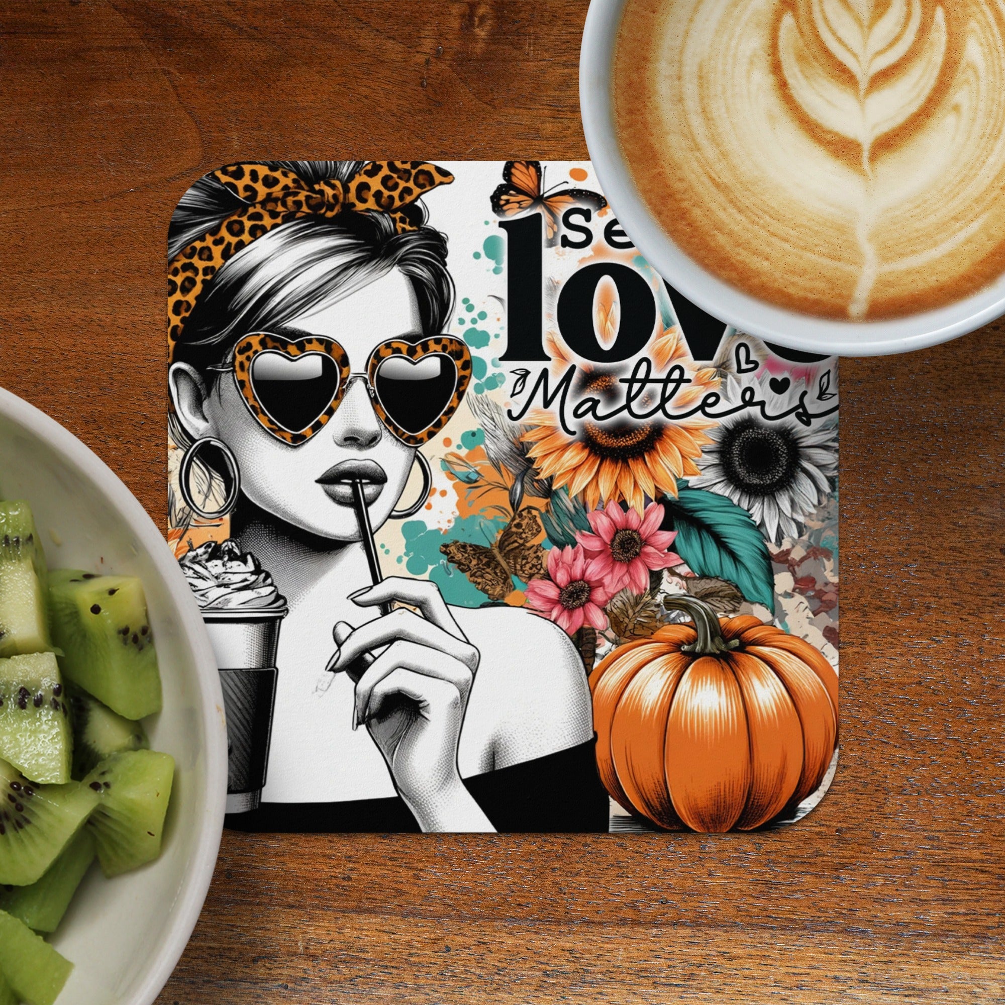 Coaster with woman, pumpkin, sunflowers, and "Se lo matters" text.