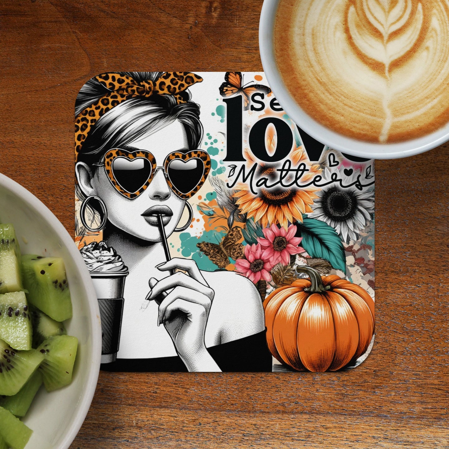 Coaster with woman, pumpkin, sunflowers, and "Se lo matters" text.