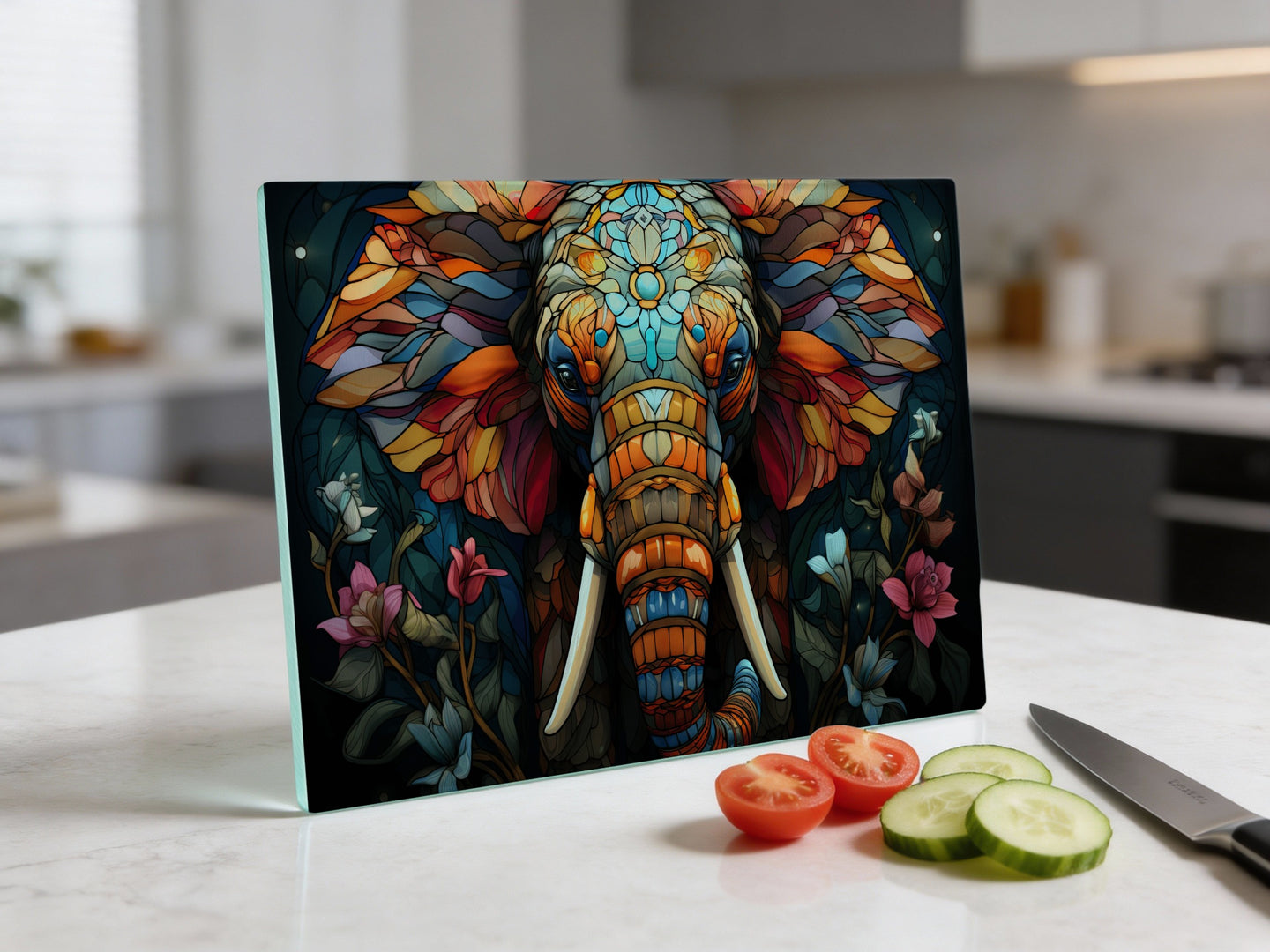Colorful mosaic elephant art on a glass cutting board with tomatoes and cucumber slices.