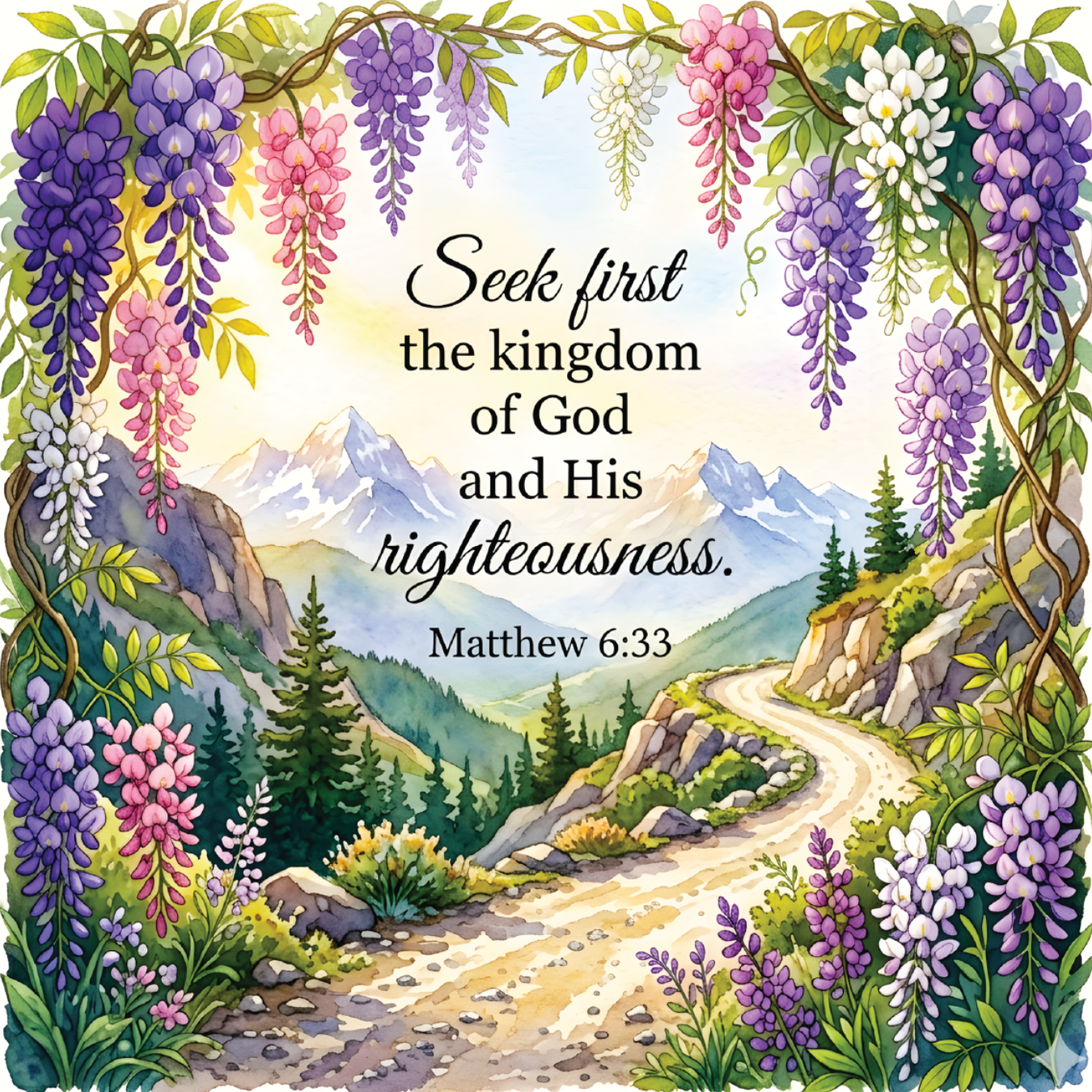 Wisteria frames a mountain road with text "Seek first the kingdom of God and His righteousness."