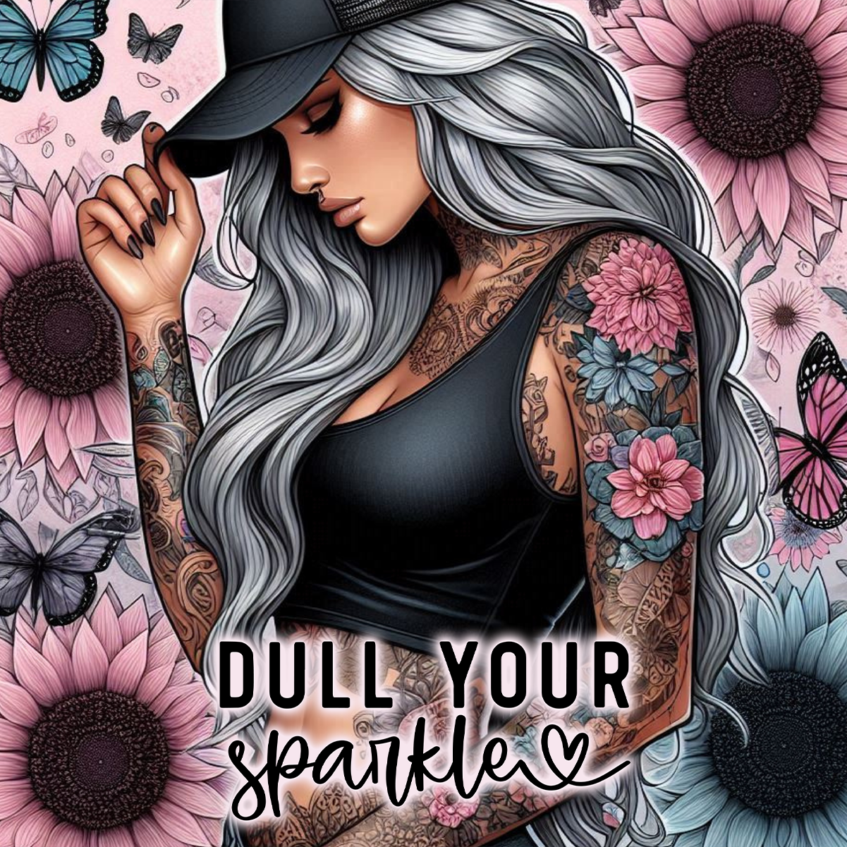 Tattooed woman in black tank top and hat with sunflowers and butterflies.