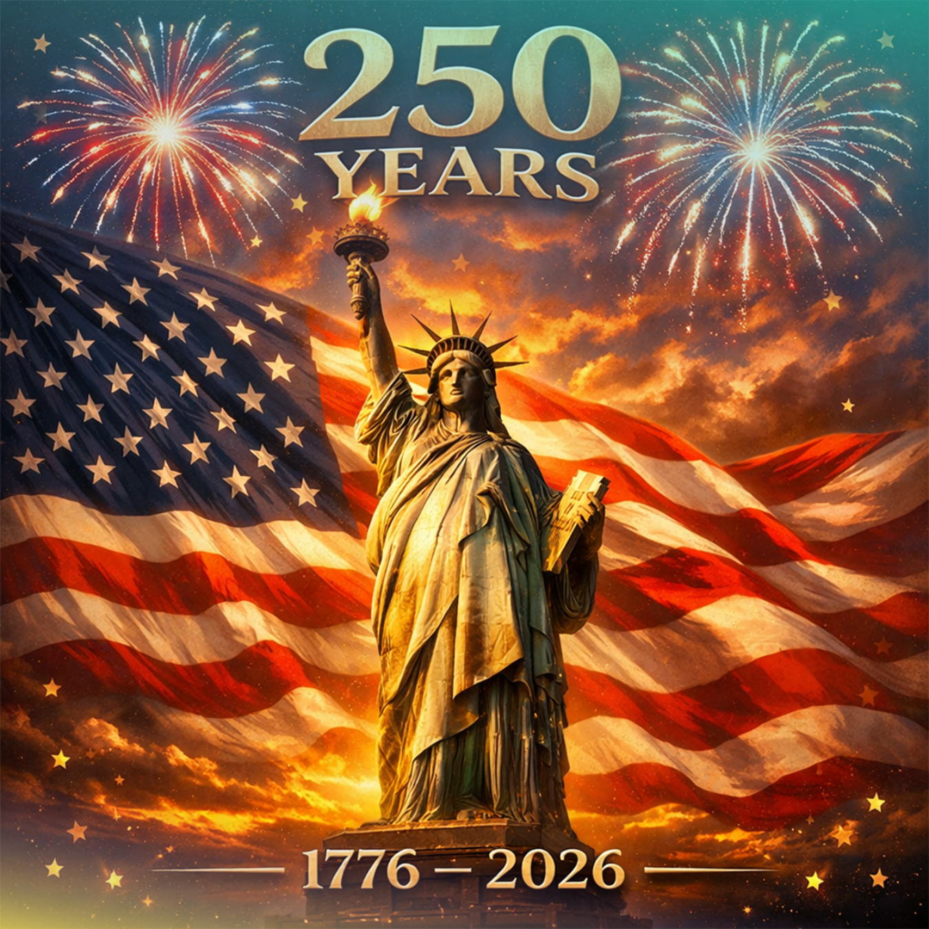 Statue of Liberty with American flag and fireworks, celebrating 250 years.