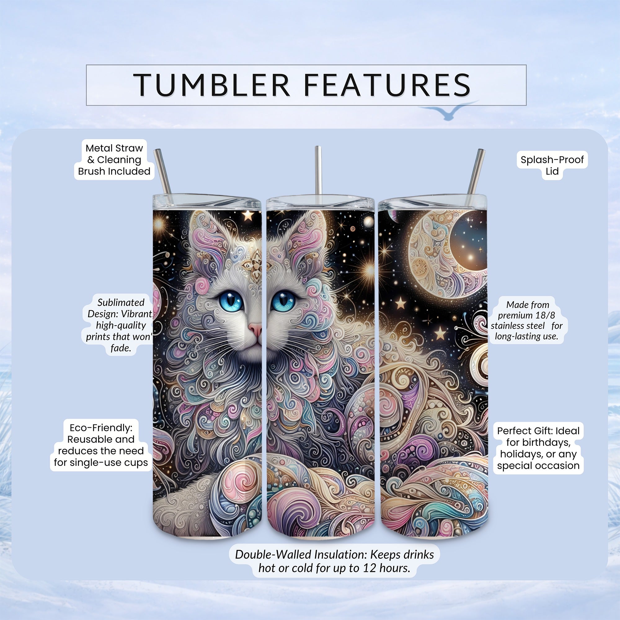 Artistic cat sublimation tumbler with stars, moon, and text features.