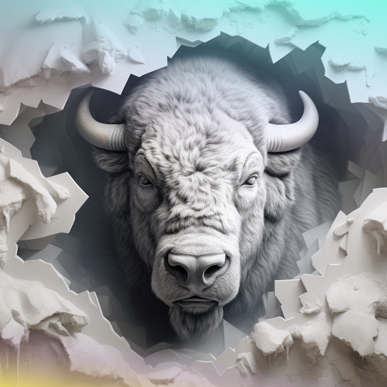 White bison head emerging from torn paper background.