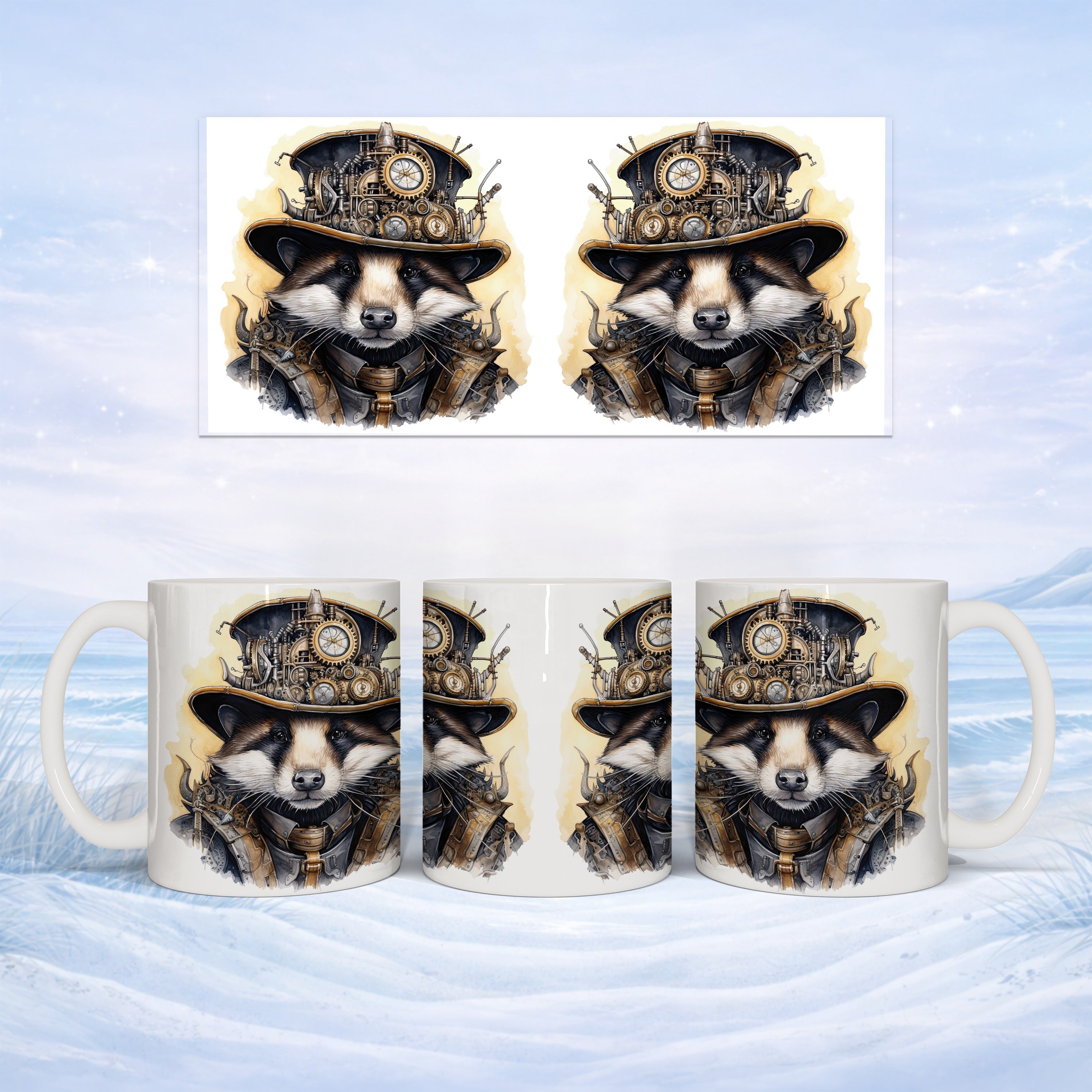 Steampunk raccoon in goggles and top hat on white mug, repeated four times.